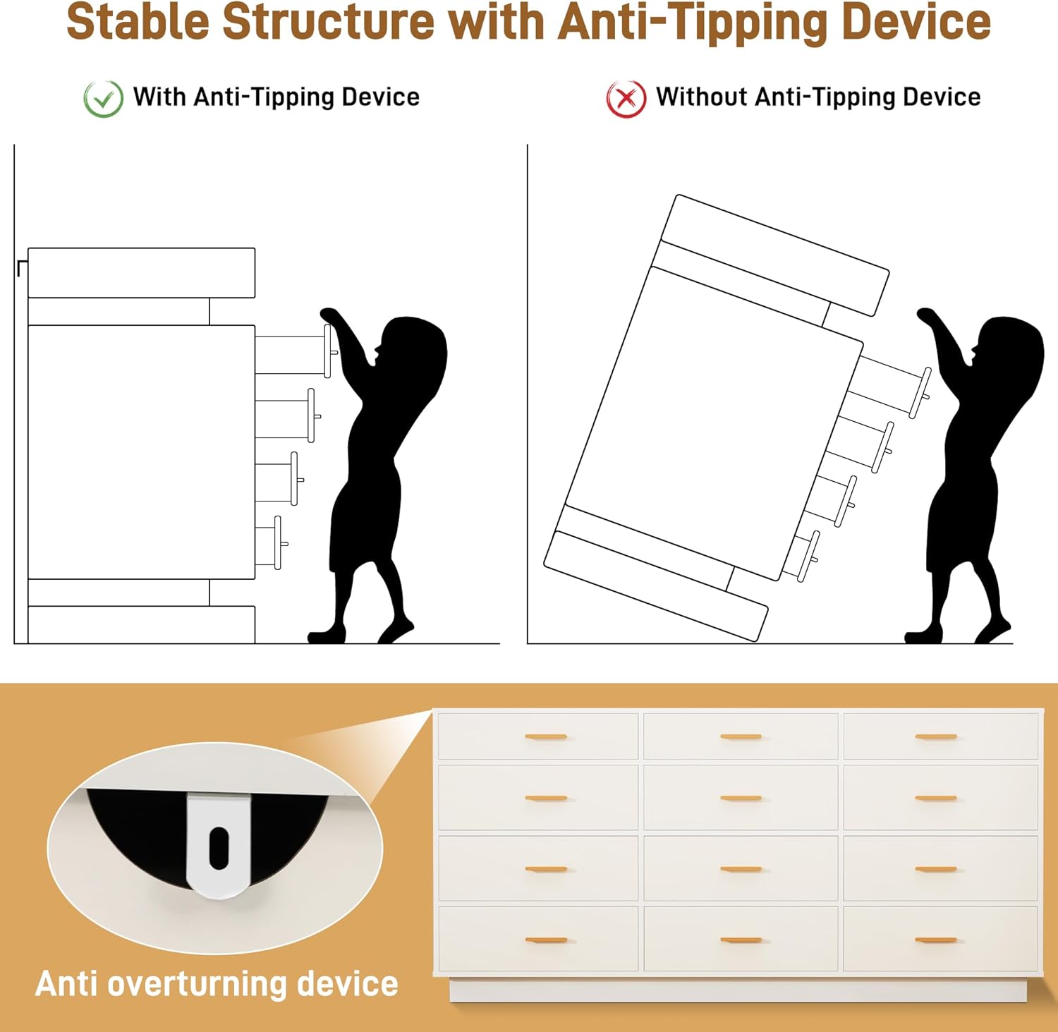 Blotout 12 Drawers Dresser w/Power Outlet, 60000 Colors Lights, 63''Long Wooden Dresser Chest w/Anti-toppling Design, Metal Handles Dresser for Living Room, Hallway, Entryway, Bedroom