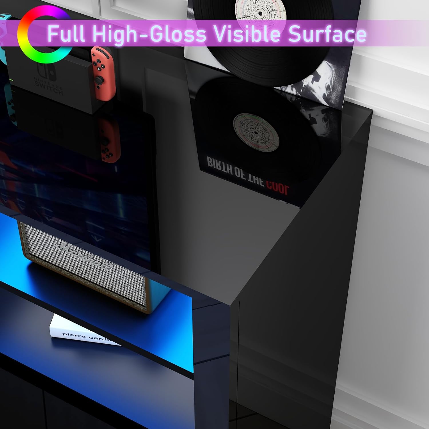 70 Inch LED TV Stand for 75/80/85 Inch TV,Modern Gaming Entertainment Center with Storage Shelves and Doors,High Gloss TV Media Console for Living Room,RGB LED Lights,Black