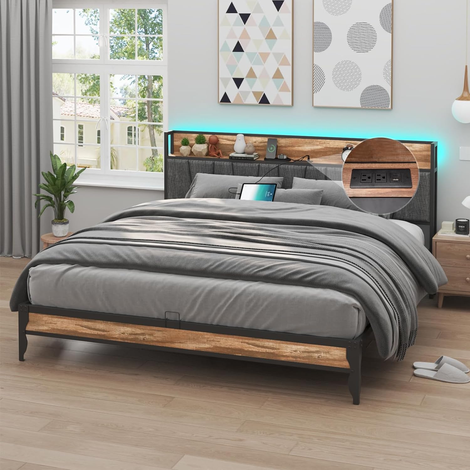 LED King Size Bed Frame with Outlets & USB/Type-C Port and Storage Headboard, Metal Platform Bed with Charging Station and for Bedroom