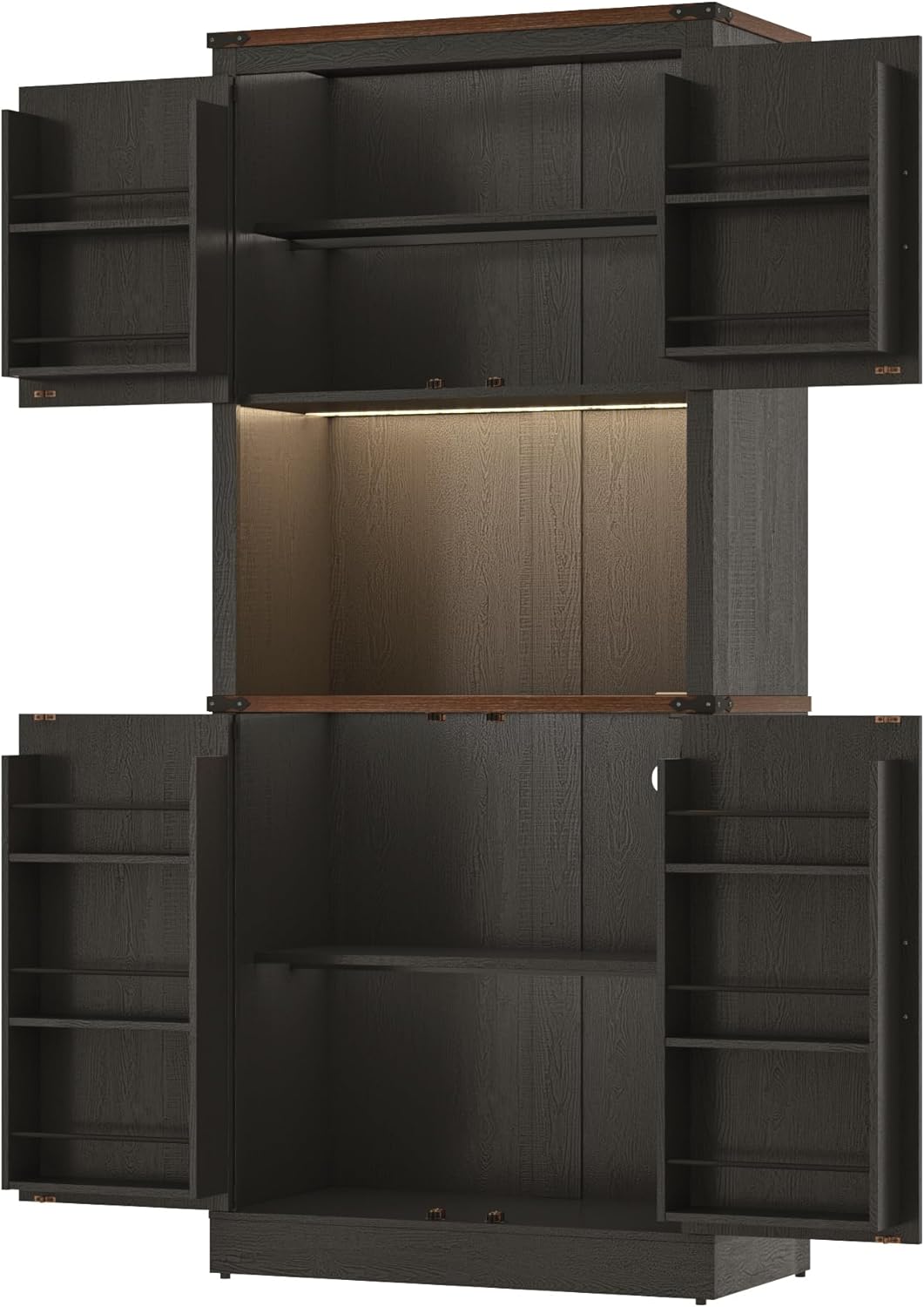 Tall Farmhouse Kitchen Pantry Cabinet with 10 Side Shelves and LED Light&Power Outlet,5 Layers Pantry Storage Cabinet with Barn Doors&Load-Bearing Steel Pipe for Dining Room,Living Room