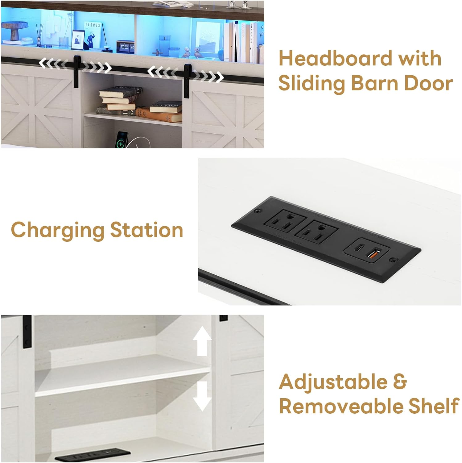 Farmhouse Queen Size Bed Frame with LED Light & Charging Station, Sliding Barn Door Storage Headboard