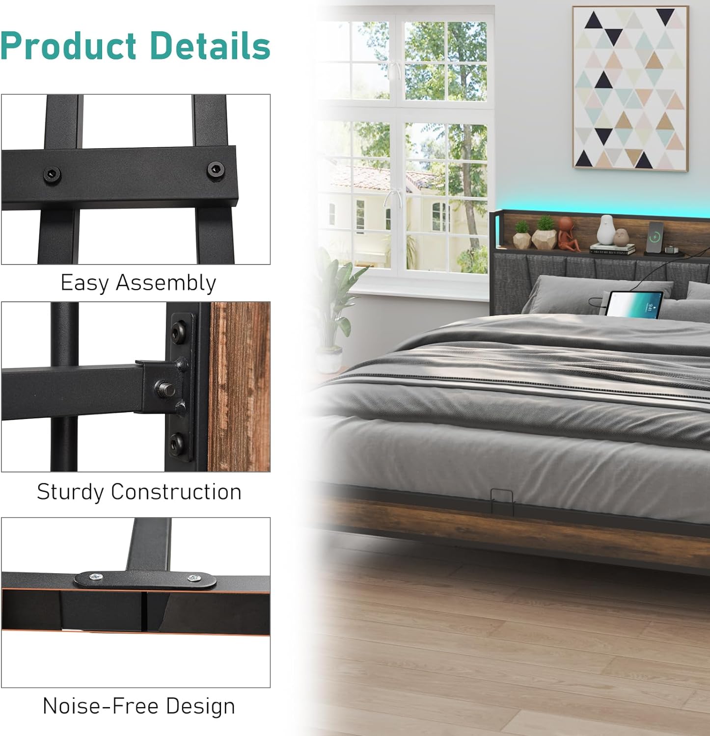 Blotout LED Full Size Bed Frame with Outlets & USB/Type-C Port and Storage Headboard, Metal Platform Bed with Charging Station and for Bedroom, No Box Spring Needed, Rustic Brown