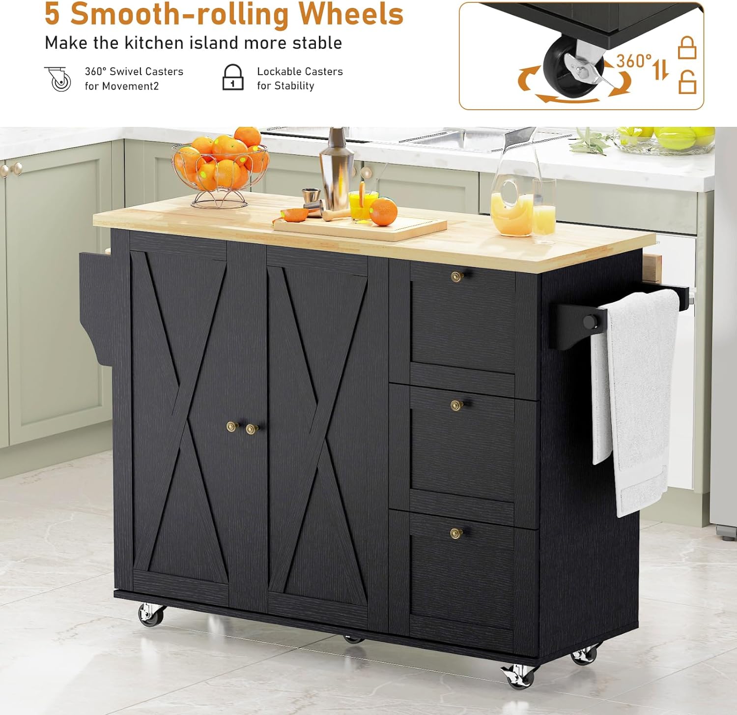 Kitchen Island Cart with Solid Wood Top and Drop Leaf, Rolling Mobile Kitchen Island Table on Wheels with Drawer and Spice Rack, Towel Rack(Black)