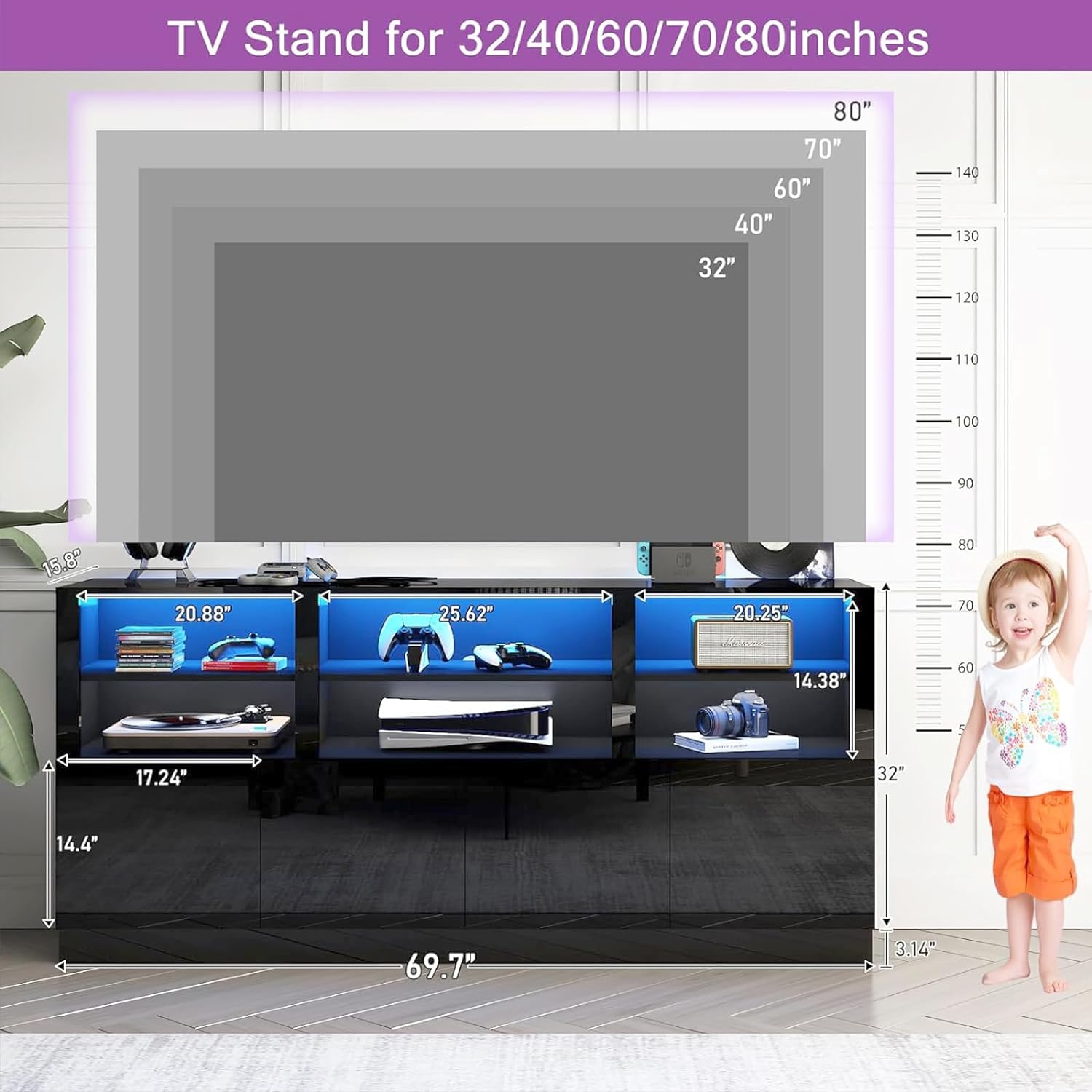 70 Inch LED TV Stand for 75/80/85 Inch TV,Modern Gaming Entertainment Center with Storage Shelves and Doors,High Gloss TV Media Console for Living Room,RGB LED Lights,Black