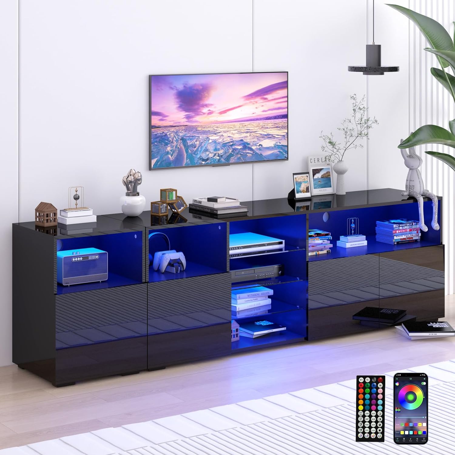 Hlivelood 79'' LED TV Stand for TVs up to 85'', High Glossy Entertainment Center with Storage Cabinet, Modern TV Console Media Cabinet for Living Room, Bedroom