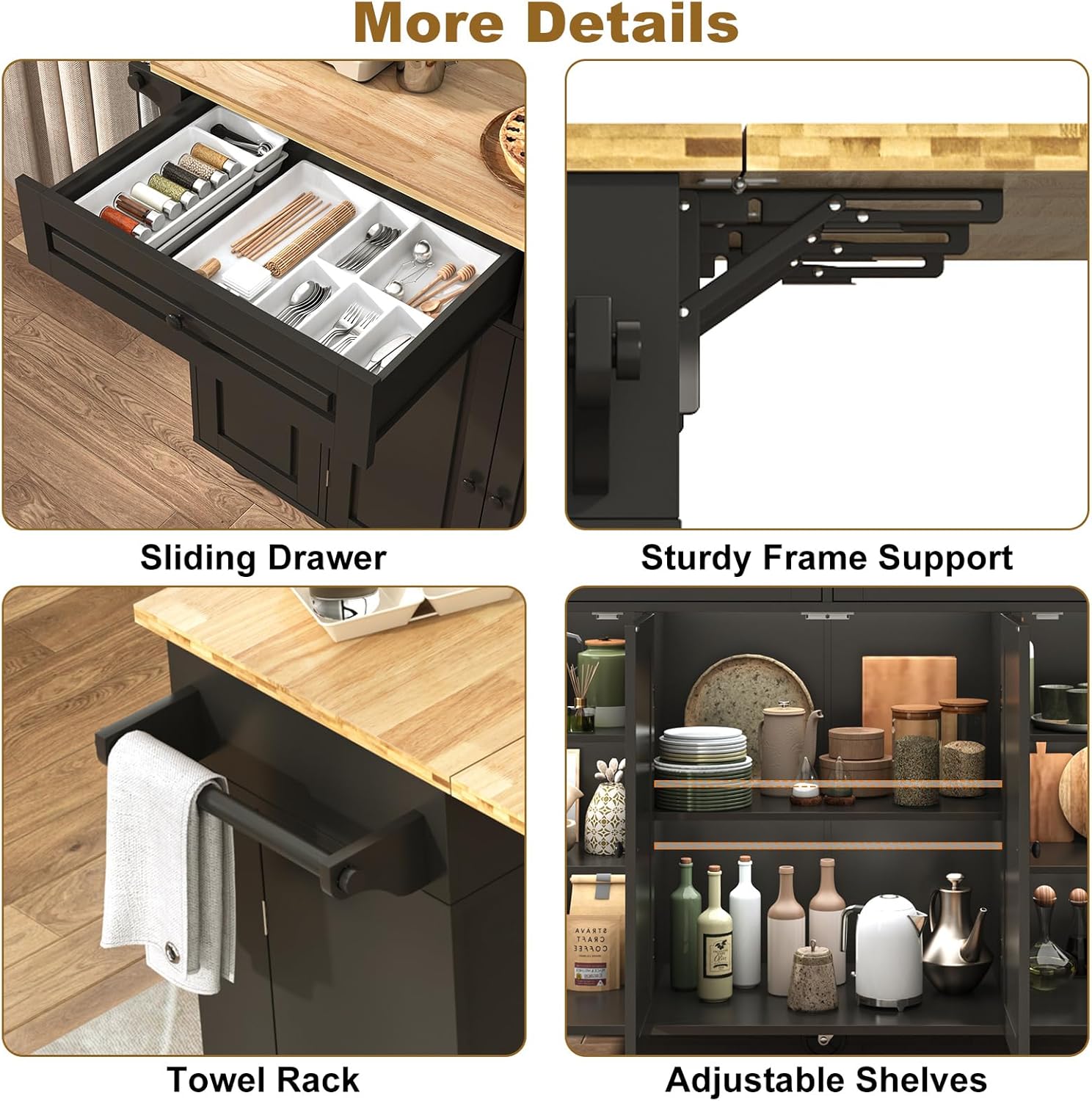 Blotout 55" Rolling Kitchen Island Cart with Drop Leaf Breakfast Bar, Rubber Wood Top – on Wheels with Drawer, Storage Cabinet, Spice & Towel Rack