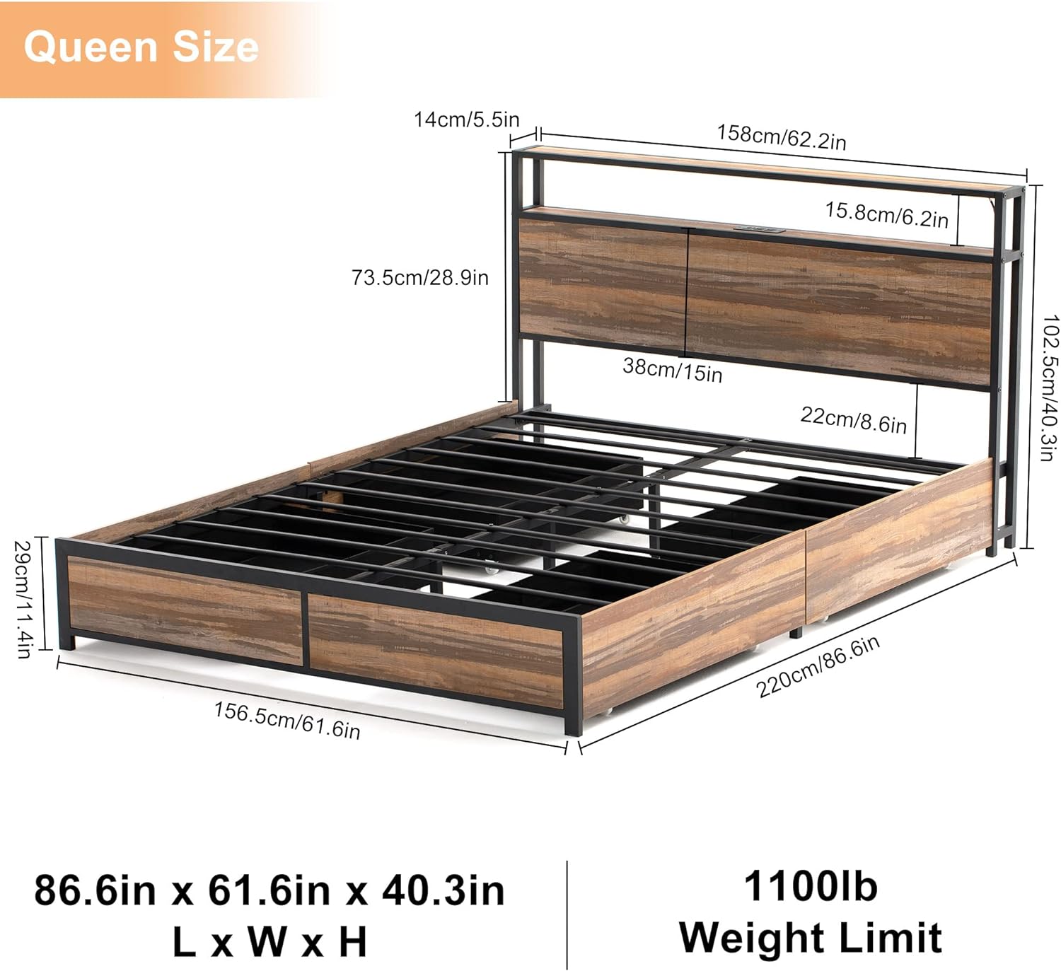 Blotout Full Bed Frame with 3 USB Ports & Led Lights, Platform Metal Bed Frame with 4 Storage Drawers and Headboard, No Box Spring Needed, Easy Assembly, Noise-Free,Vintage Brown