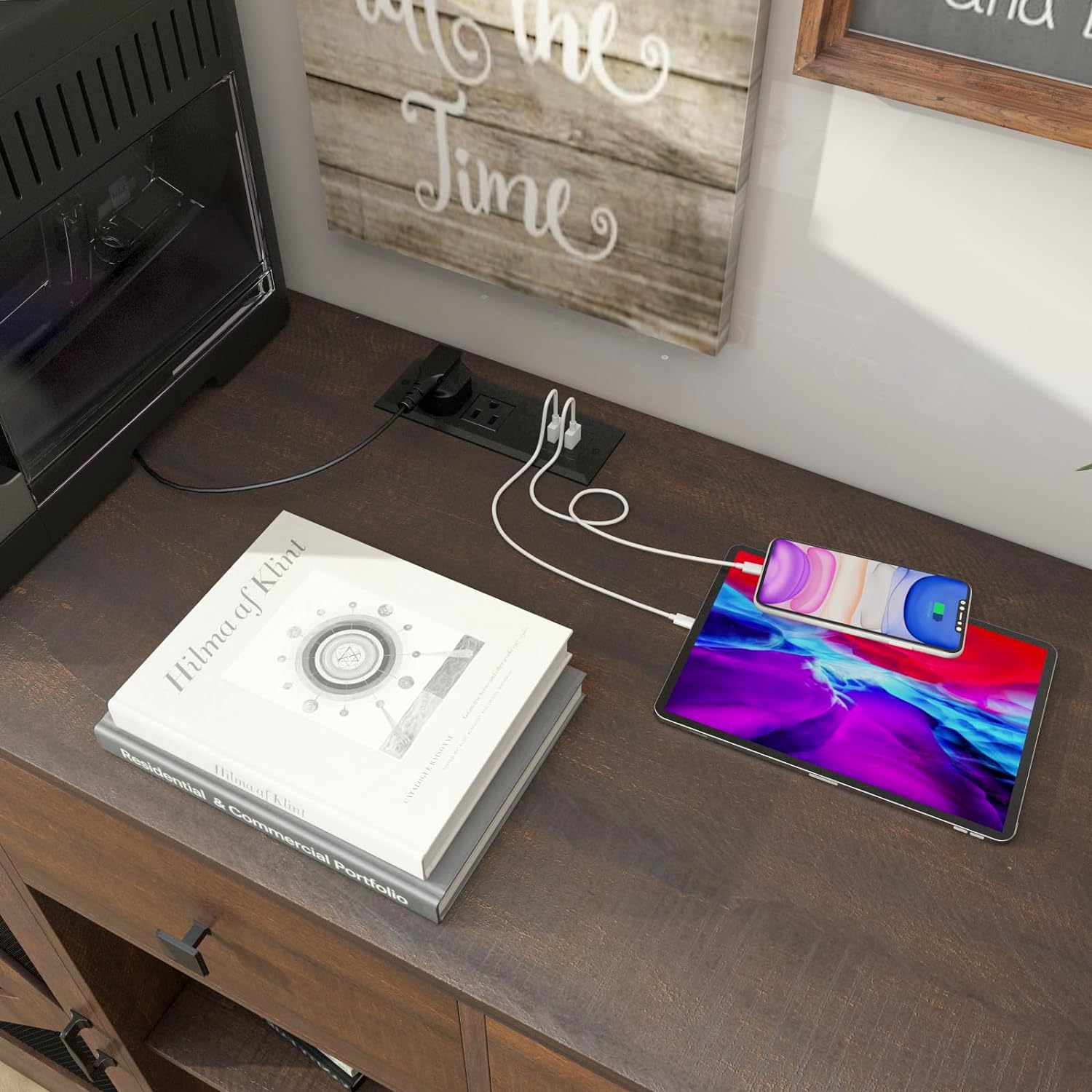 Modern Farmhouse 3 Drawer Coffee Bar Cabinet with Power Outlet, Wood Sideboard Buffet Bar Cabinet with 2-Door Cabinet and Adjustble Shelves, White 42-inch