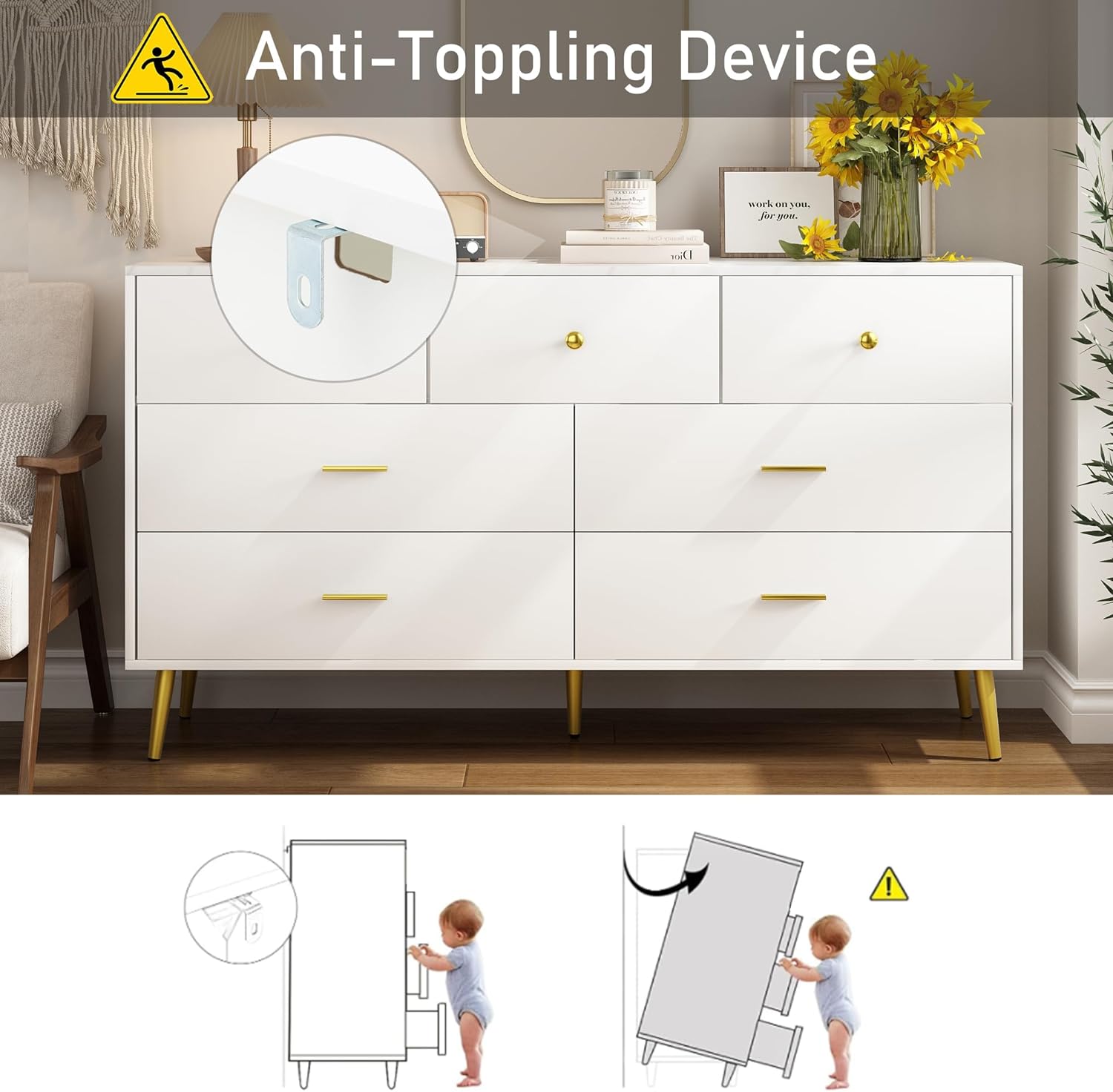 7 Drawer Dresser For Bedroom, 55-inch Marble and Gold Dresser Chest of Drawers Wood Bedroom Organizer