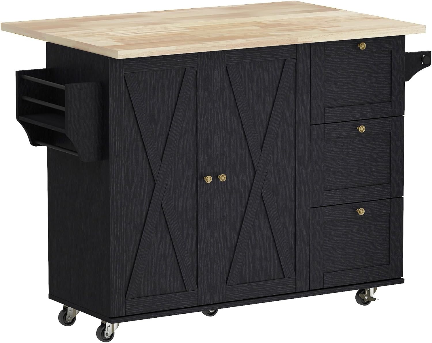 Kitchen Island Cart with Solid Wood Top and Drop Leaf, Rolling Mobile Kitchen Island Table on Wheels with Drawer and Spice Rack, Towel Rack(Black)