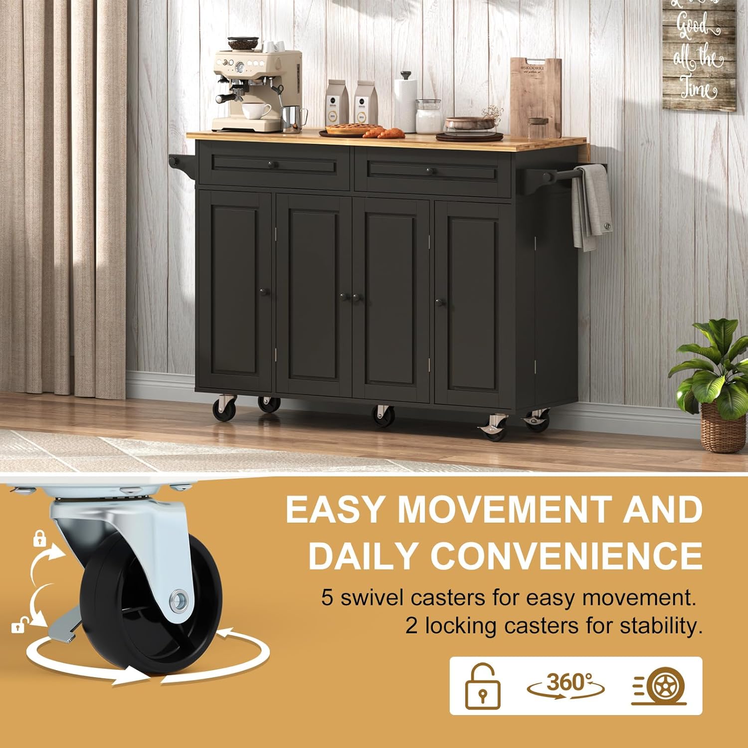 Blotout 55" Rolling Kitchen Island Cart with Drop Leaf Breakfast Bar, Rubber Wood Top – on Wheels with Drawer, Storage Cabinet, Spice & Towel Rack