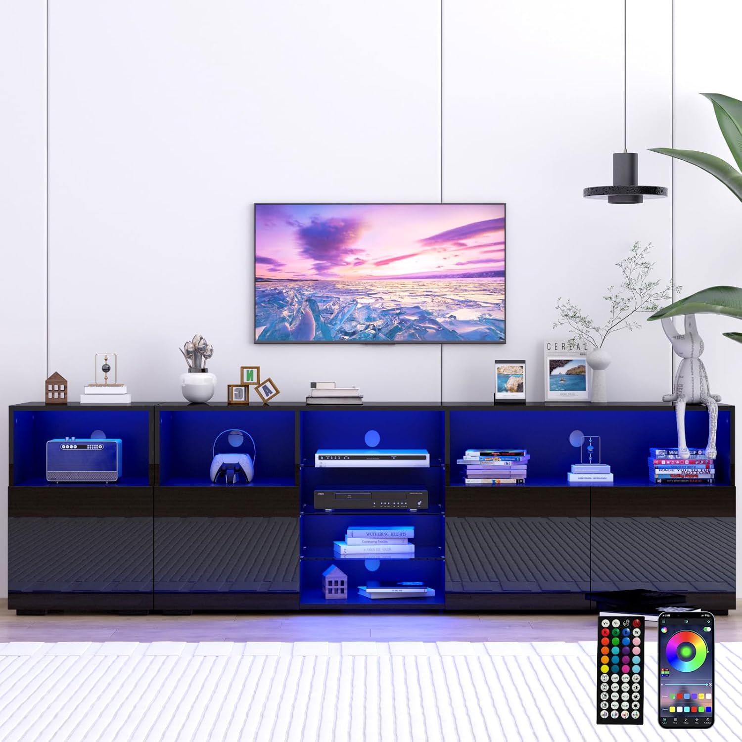Hlivelood 79'' LED TV Stand for TVs up to 85'', High Glossy Entertainment Center with Storage Cabinet, Modern TV Console Media Cabinet for Living Room, Bedroom