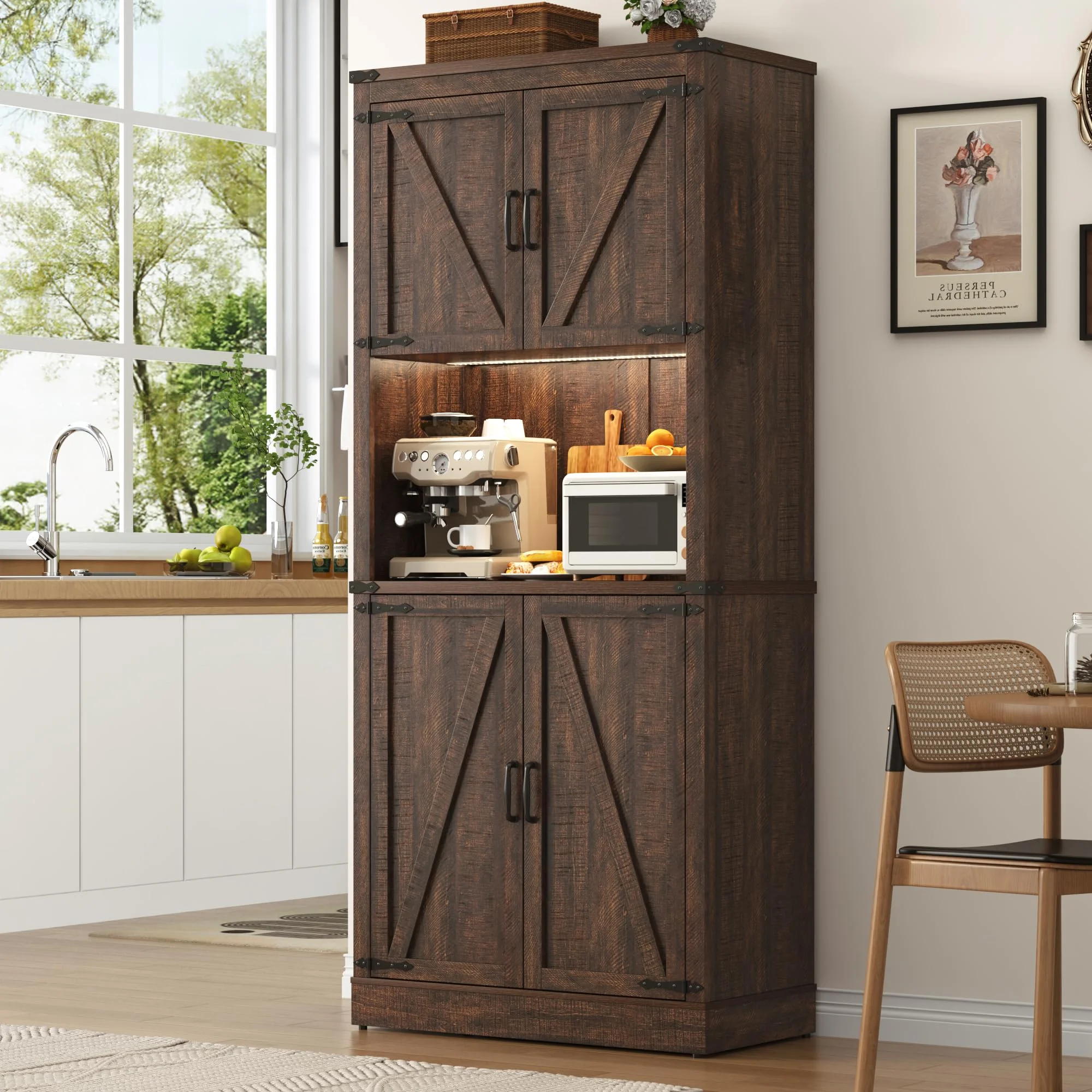 72"Tall Farmhouse Kitchen Pantry Cabinet with 10 Side Shelves and LED Light&Power Outlet,5 Layers Pantry Storage Cabinet with Barn Doors&Load-Bearing Steel Pipe for Dining Room,Living Room