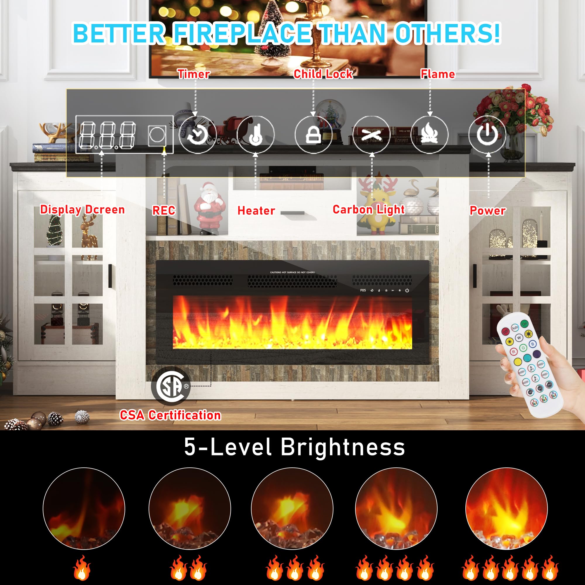 75.6" Electric Fireplace with Mantel, Fireplace TV Stand with 36" Fireplace for up 60“ 70“ 75" 80" Flat Screen TVs, 33.5" Tall Entertainment Center with Glass-Doors Storage Cabinets & Power Outlets