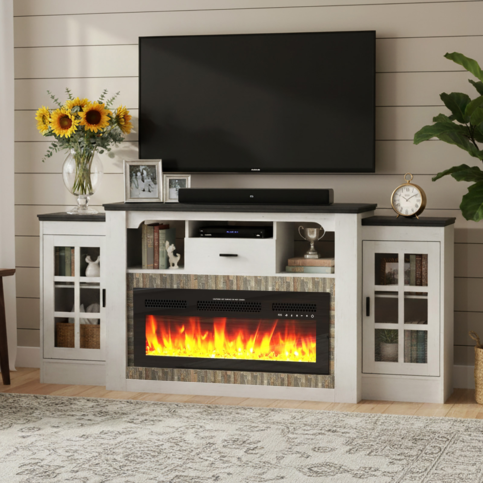 75.6" Electric Fireplace with Mantel, Fireplace TV Stand with 36" Fireplace for up 60“ 70“ 75" 80" Flat Screen TVs, 33.5" Tall Entertainment Center with Glass-Doors Storage Cabinets & Power Outlets