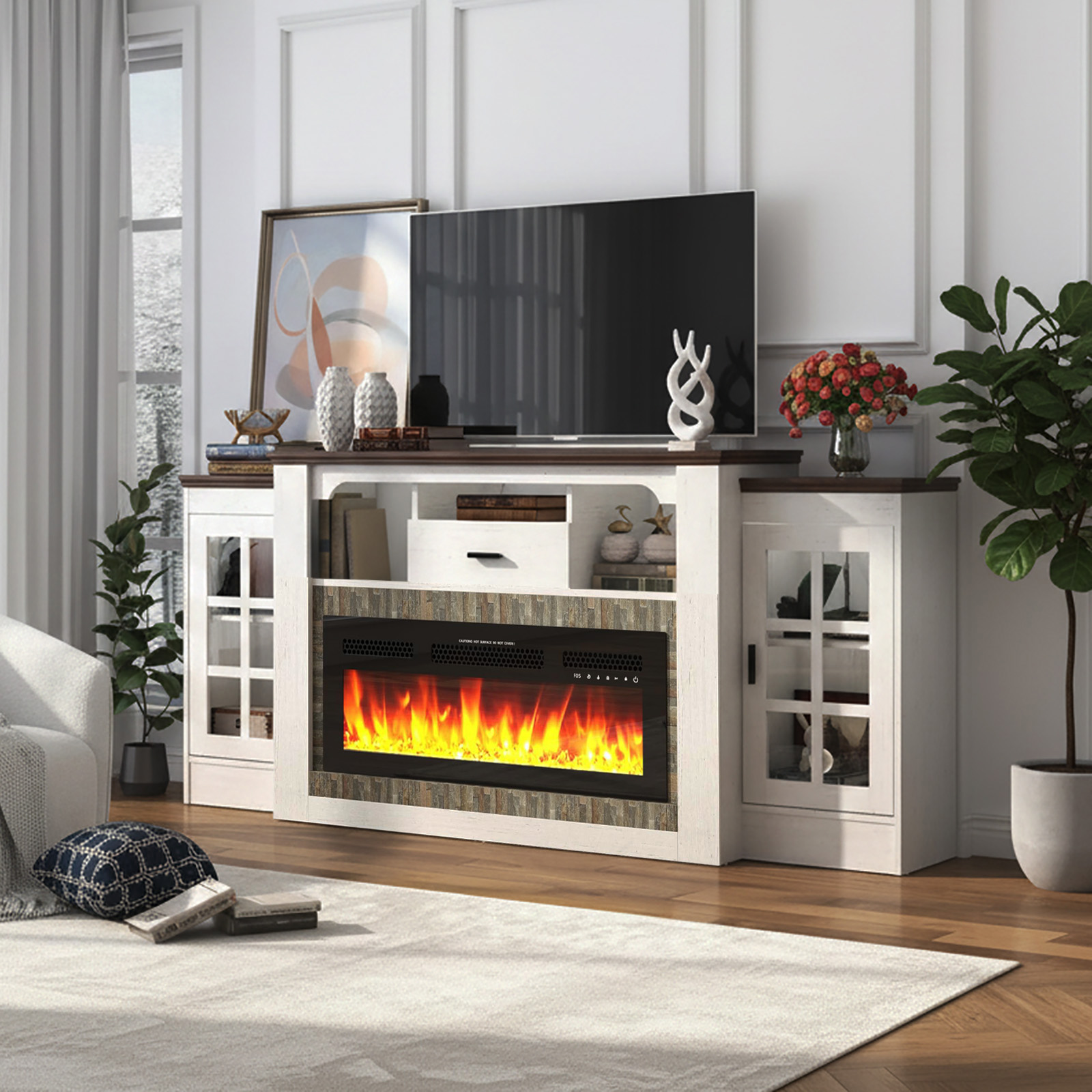 75.6" Electric Fireplace with Mantel, Fireplace TV Stand with 36" Fireplace for up 60“ 70“ 75" 80" Flat Screen TVs, 33.5" Tall Entertainment Center with Glass-Doors Storage Cabinets & Power Outlets
