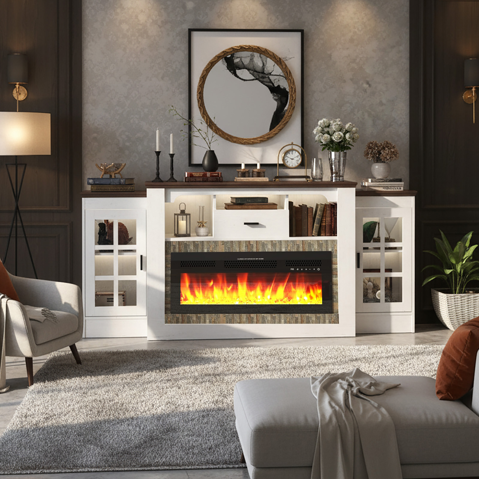 75.6" Electric Fireplace with Mantel, Fireplace TV Stand with 36" Fireplace for up 60“ 70“ 75" 80" Flat Screen TVs, 33.5" Tall Entertainment Center with Glass-Doors Storage Cabinets & Power Outlets