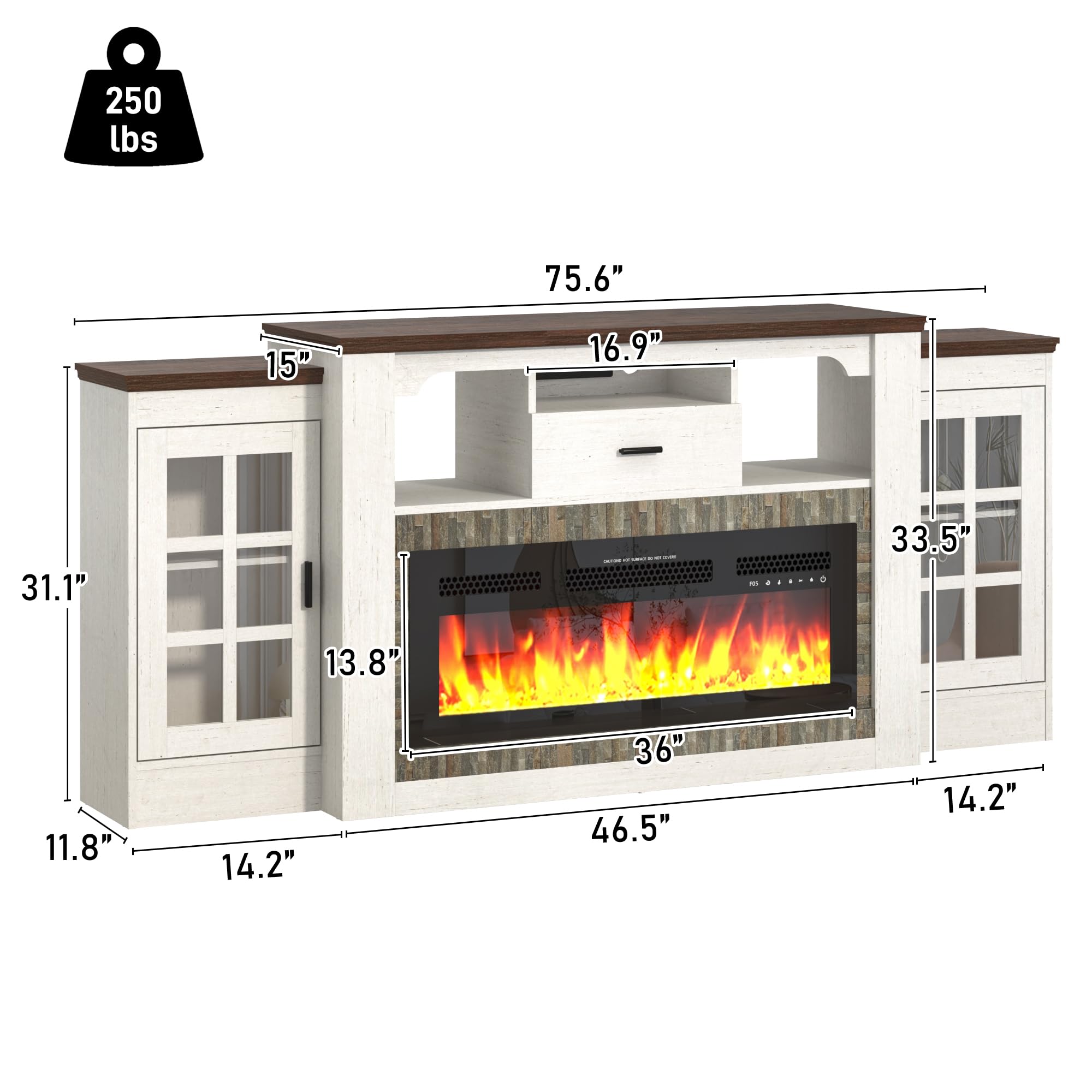 75.6" Electric Fireplace with Mantel, Fireplace TV Stand with 36" Fireplace for up 60“ 70“ 75" 80" Flat Screen TVs, 33.5" Tall Entertainment Center with Glass-Doors Storage Cabinets & Power Outlets