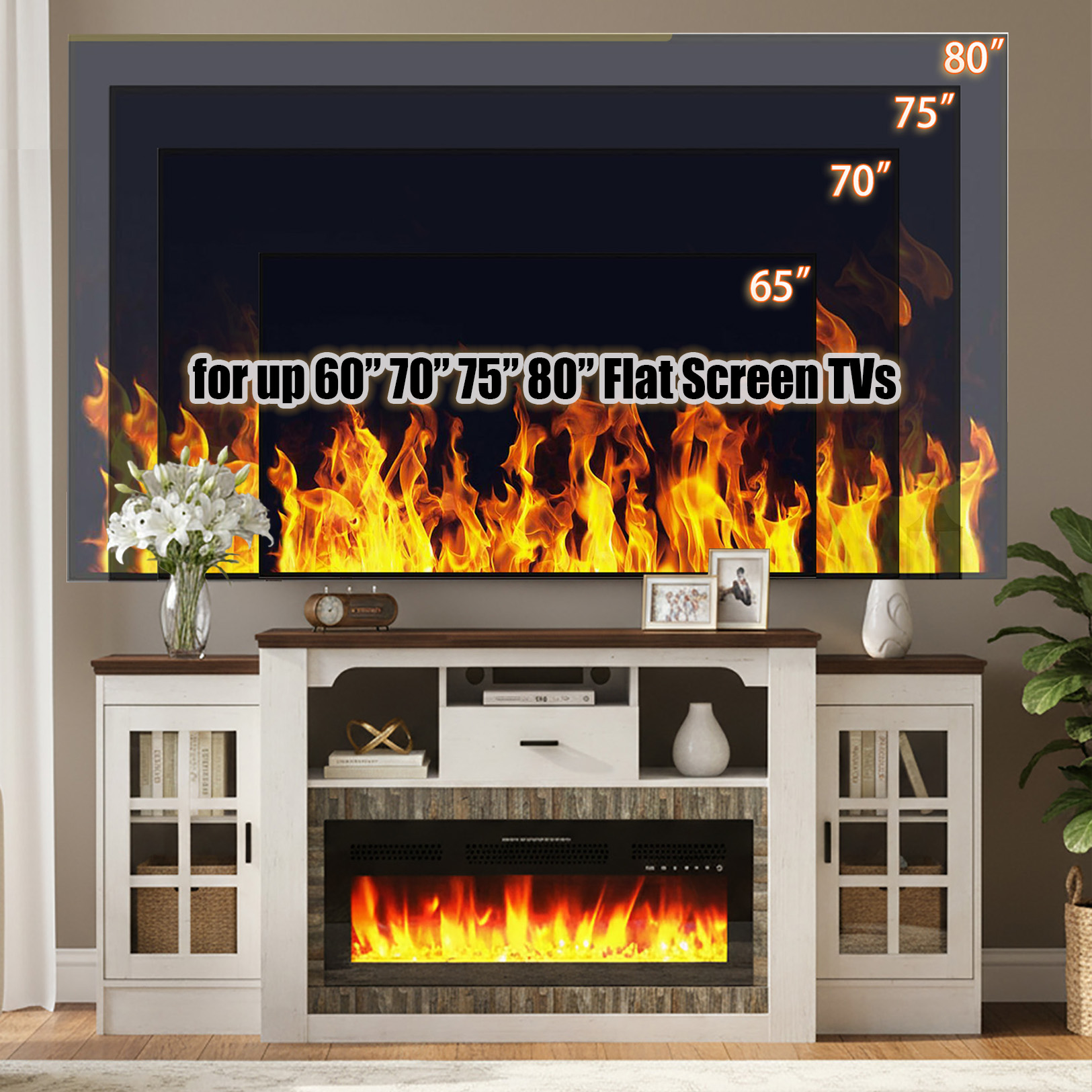 75.6" Electric Fireplace with Mantel, Fireplace TV Stand with 36" Fireplace for up 60“ 70“ 75" 80" Flat Screen TVs, 33.5" Tall Entertainment Center with Glass-Doors Storage Cabinets & Power Outlets