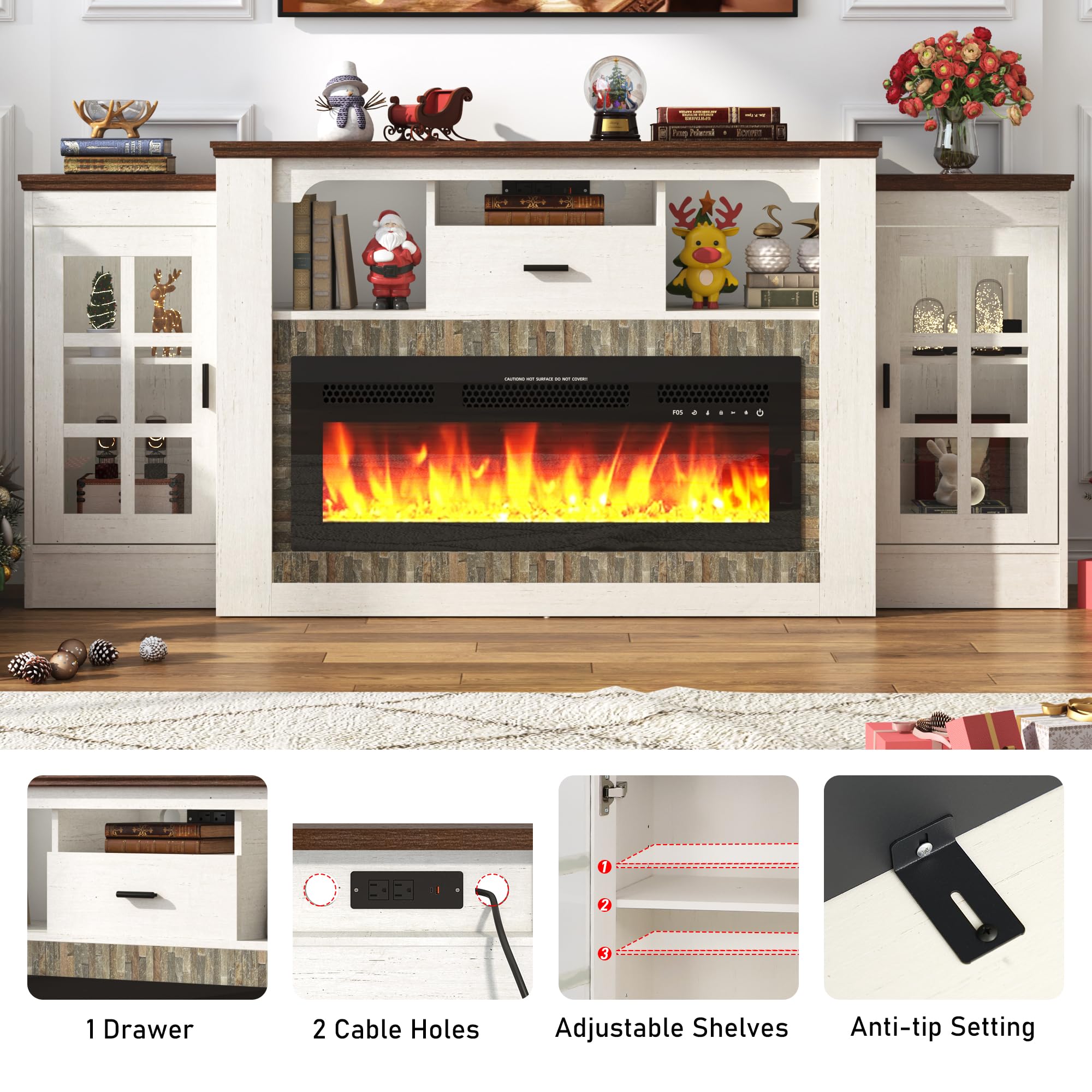 75.6" Electric Fireplace with Mantel, Fireplace TV Stand with 36" Fireplace for up 60“ 70“ 75" 80" Flat Screen TVs, 33.5" Tall Entertainment Center with Glass-Doors Storage Cabinets & Power Outlets