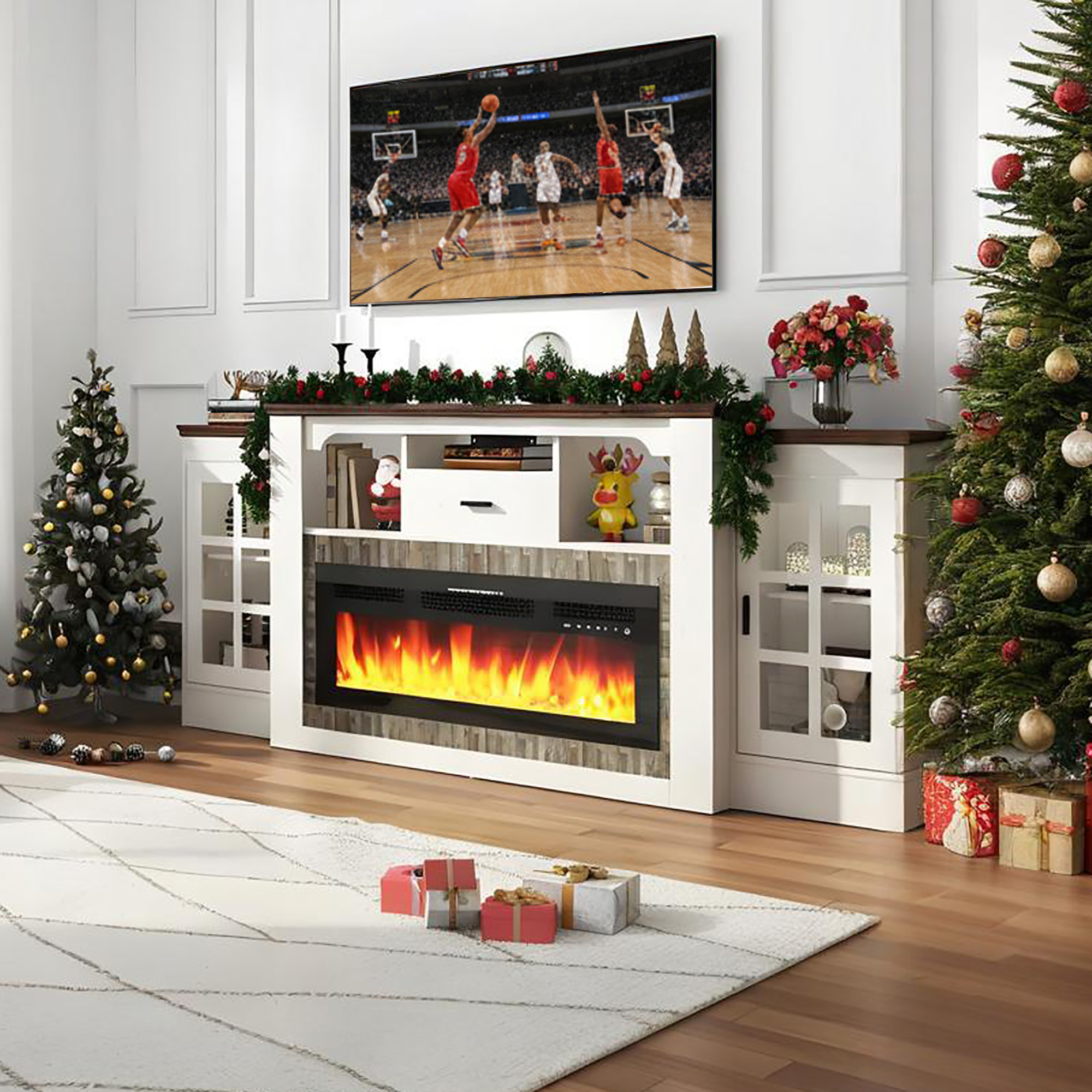 75.6" Electric Fireplace with Mantel, Fireplace TV Stand with 36" Fireplace for up 60“ 70“ 75" 80" Flat Screen TVs, 33.5" Tall Entertainment Center with Glass-Doors Storage Cabinets & Power Outlets