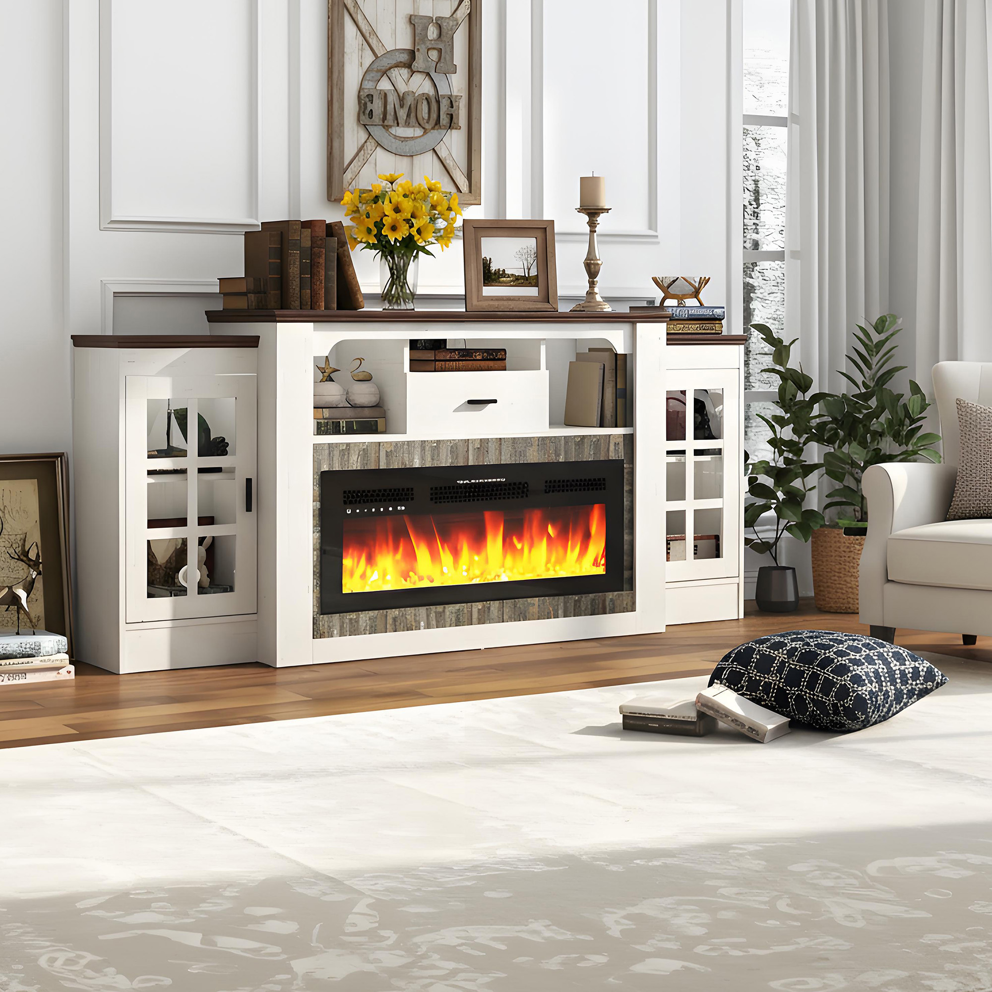 75.6" Electric Fireplace with Mantel, Fireplace TV Stand with 36" Fireplace for up 60“ 70“ 75" 80" Flat Screen TVs, 33.5" Tall Entertainment Center with Glass-Doors Storage Cabinets & Power Outlets
