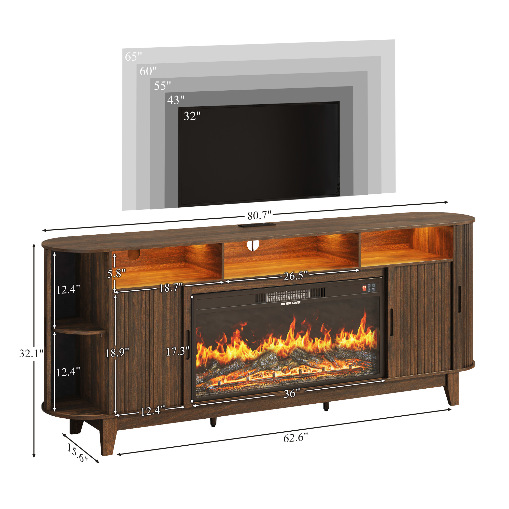 Blotout 81'' LED Fireplace TV Stand with 36'' Fireplace & Power Outlet for 85/90''TV, Modern Entertainment Center with Fluted Sliding Door & Curved Side Cabinets, Wooden Media Console for Living Room