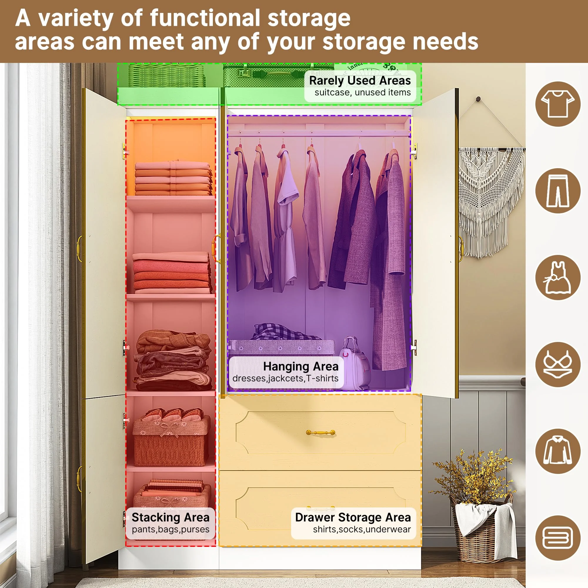 75"H 3 Doors Armoire Wardrobe Closet with Mirror and LED Lights, LED Clothing Storage Cabinet with Hanging Rod and Drawers, Modern Wooden Wardrobe Cabinet for Bedroom