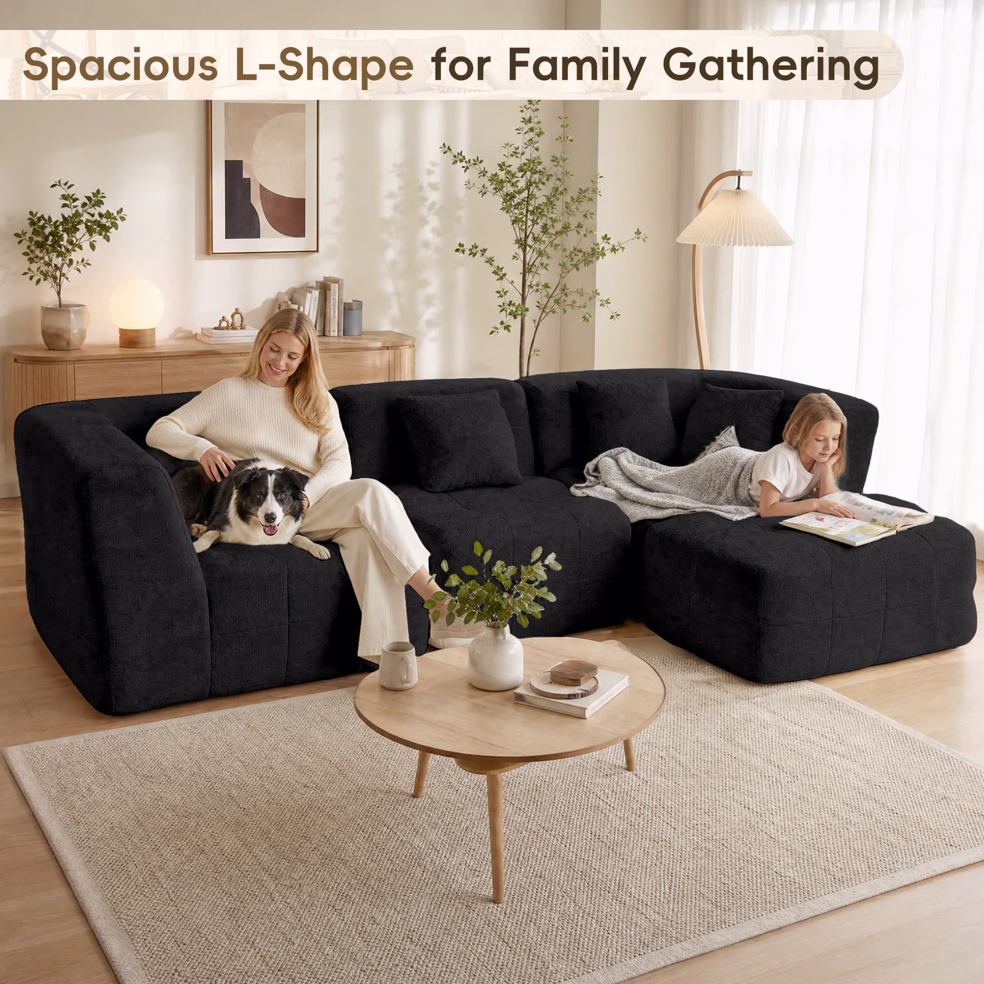 110" Chenille Modular Sectional Sofa, 4 pcs Upholstered Cloud Couch with Movable Ottoman & 5 Pillows, Deep Seat L Shaped Sectional Couch, No Assembly Required