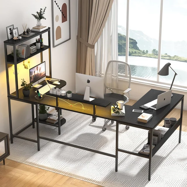 Blotout 87" U Shaped Computer Desk with Power Outlet, LED Reversible L Shaped Gaming Desk with Shelf and Hutch, Home Office Desk with Monitor Stand