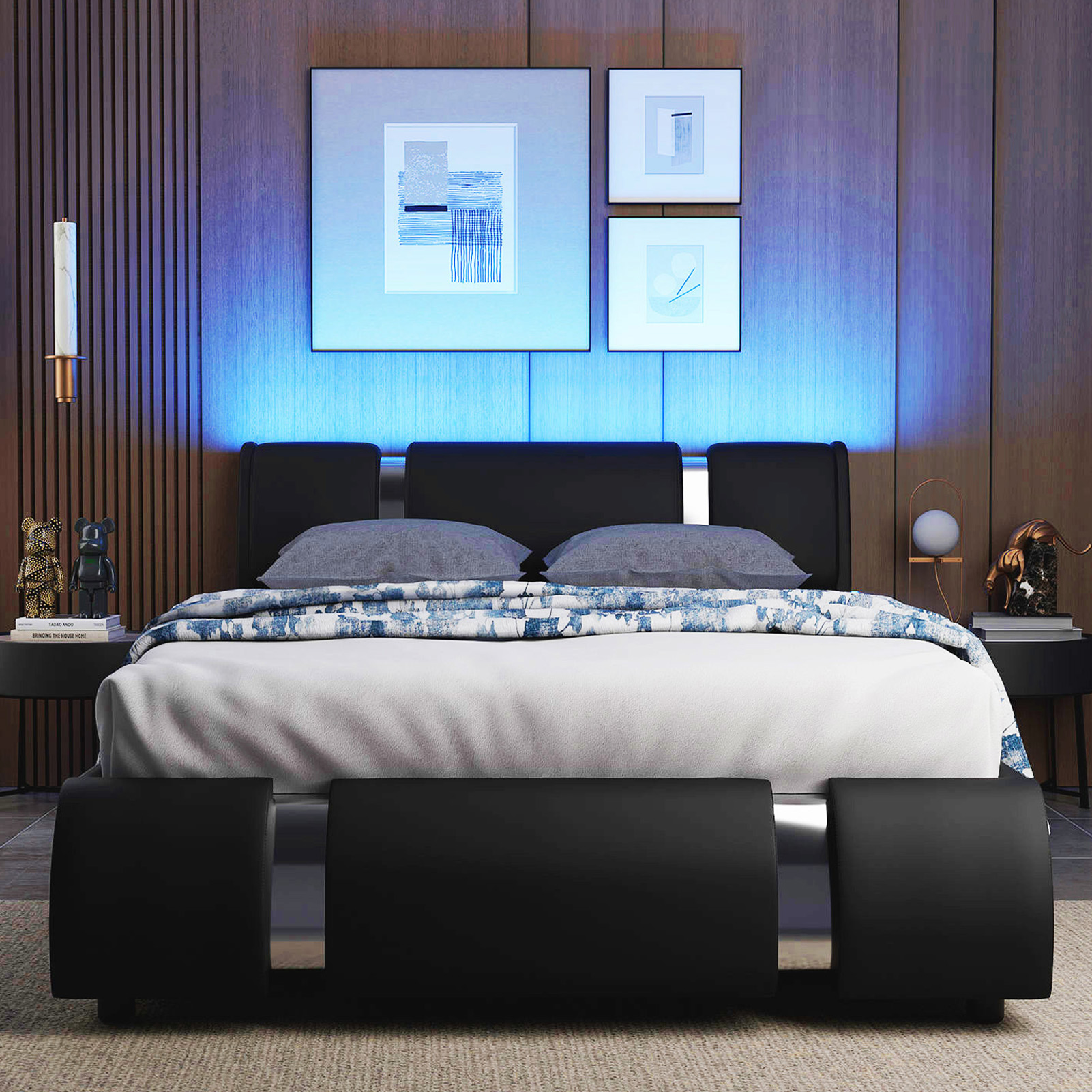 Faux Leather Bed Frame with LED Light Headboard, Modern Platform Bed Frame Deluxe Upholstered Bed with Curved Backrest