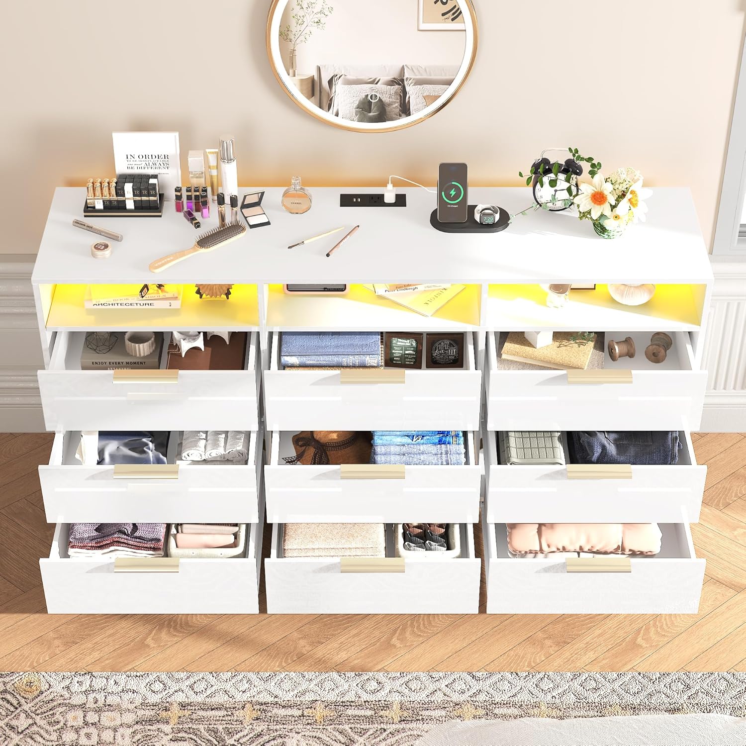 Blotout 9 Drawer Dresser with Charging Station, Modern Long Dressers & Chests of Drawers, Wood Dresser with LED Lights for Bedroom, Living Room, Hallway