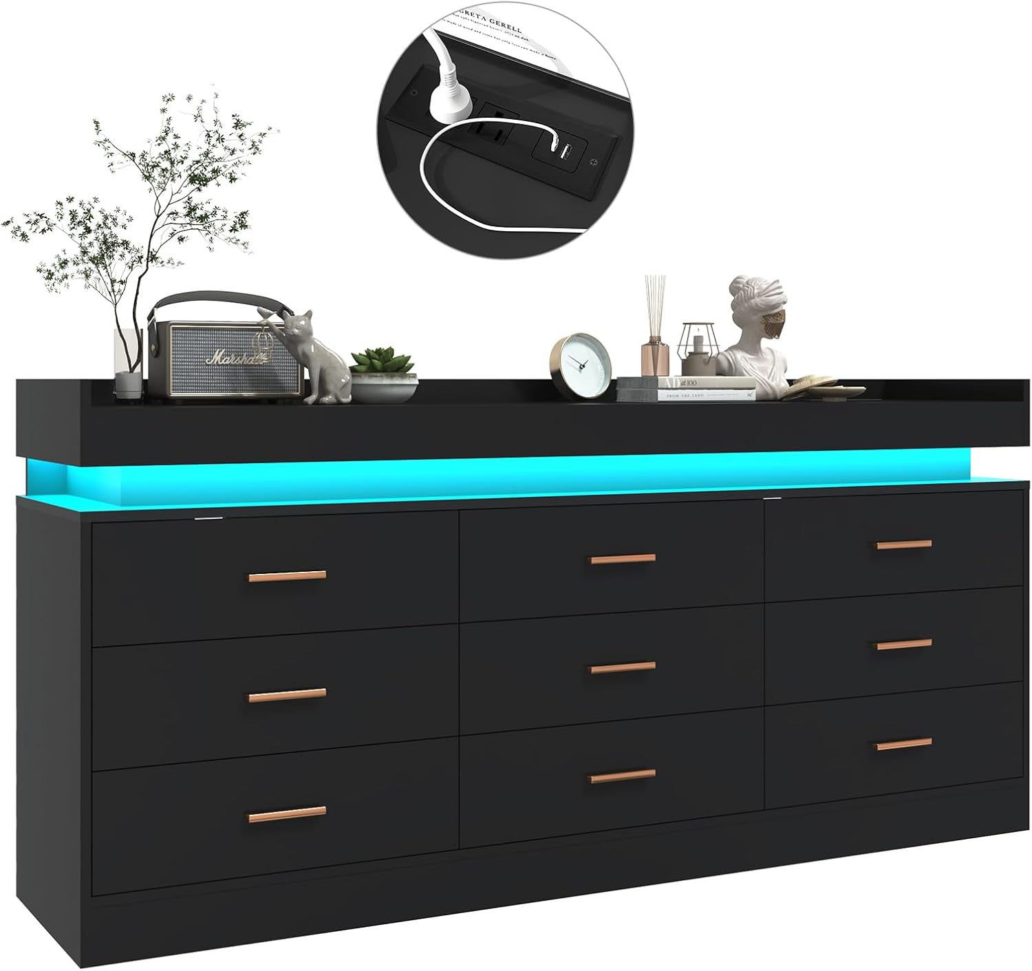 Black Dresser for Bedroom, 63 Inch Long 9 Drawers Dresser with Charging Station and LED light, Modern Large Wood Chest of Drawers, Dresser for Bedroom, Living Room, Entryway, Hallway