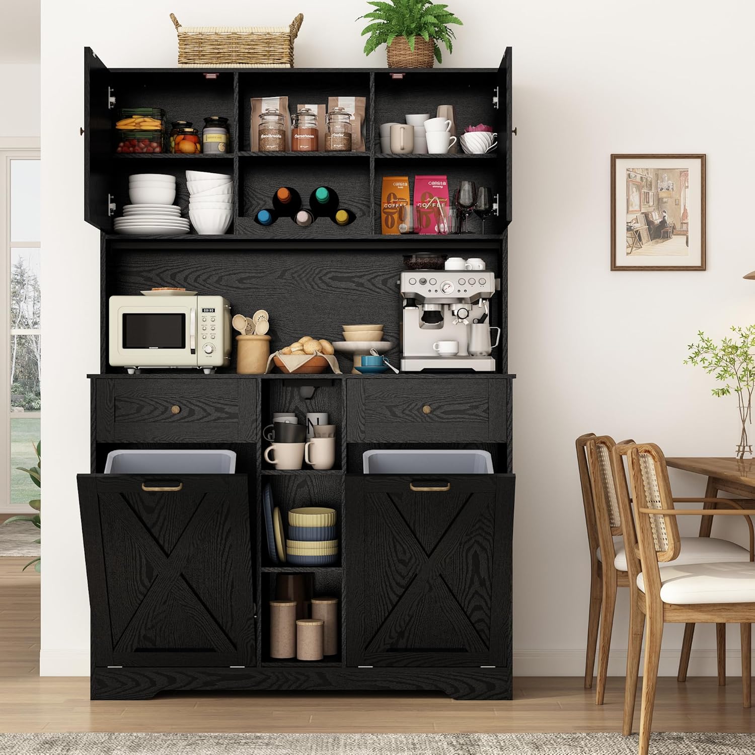 Blotout 47" Wide Kitchen Pantry Storage Cabinet with Charging Station & Microwave Stand, Tall Farmhouse Kitchen Hutch Cabinet, Double Tilt Out Trash Can Cabinet 10X2 Gallon