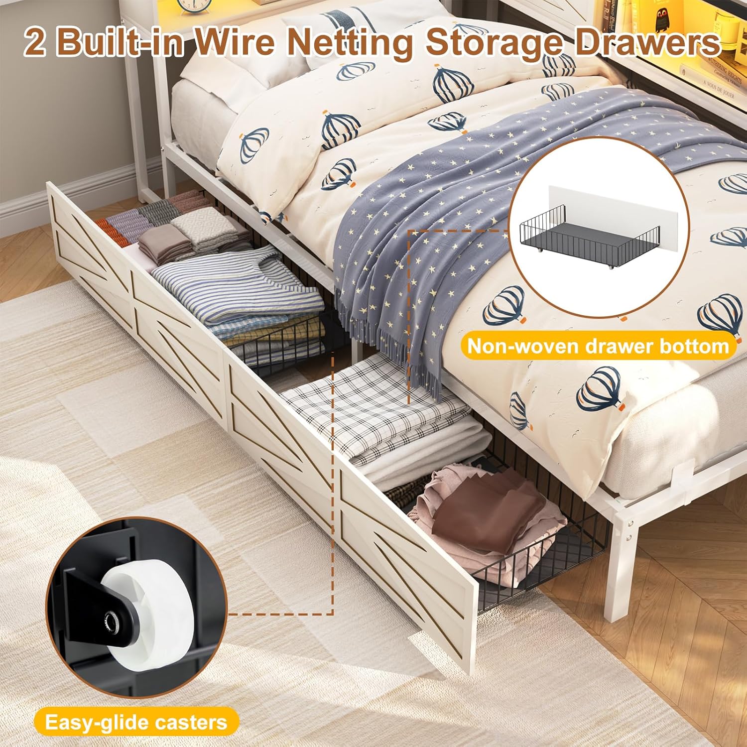 Blotout Twin Corner Bed Frame with Bookcase Headboard and Storage Drawers, Twin Metal Platform Bed Frame with Charging Station and LED Lights, Twin Size Daybed for Living Room, Bedroom and Guest Room