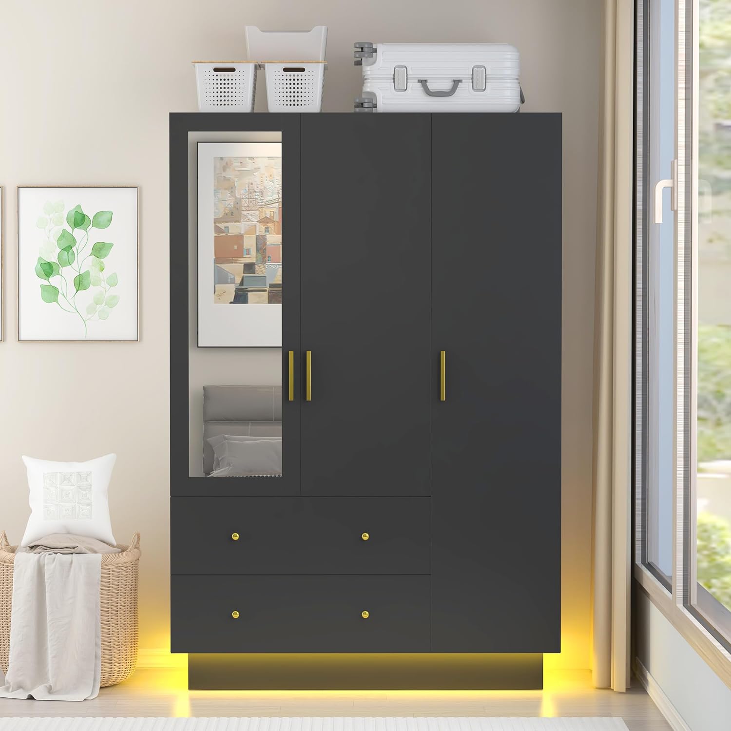 Blotout 70" Armoire Wardrobe Closet with Mirror, LED Wardrobe Armoire with 2 Drawers, 3 Door Wood Armoire Storage with Hanging Rods and Multi-Layer Shelves(Black)