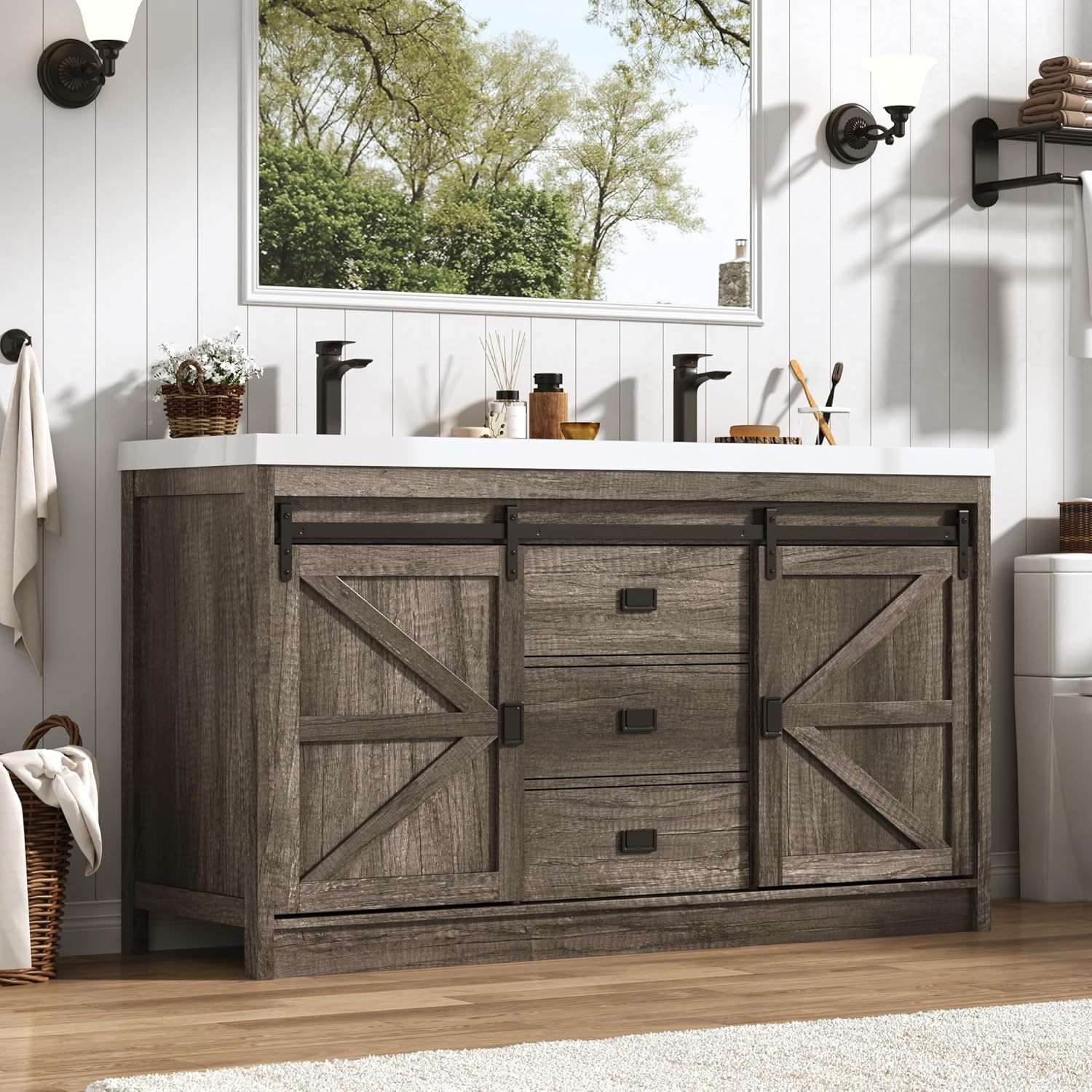 Blotout Double Bathroom Vanity with Sink & Faucet & Sewer Pipes, 59" Farmhouse Bathroom Vanity Cabinet Set with Sliding Barn Door & 3 Drawers, Freestanding Bath Storage Vanity Sink
