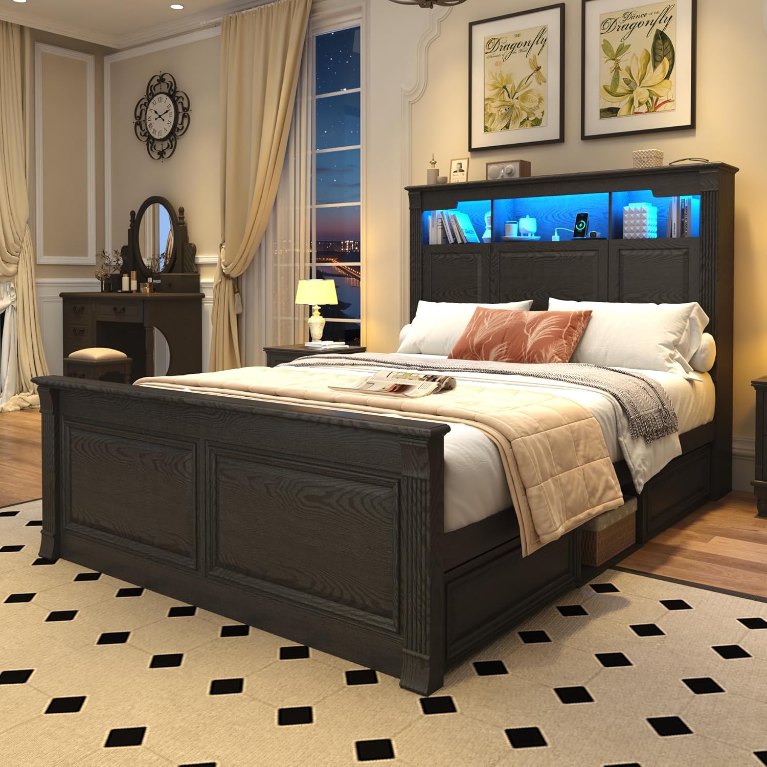 Blotout Farmhouse King Size Bed Frame with 55" Tall Storage Bookcase Headboard & 4 Drawers, Wood Platform Bed Frame with 24" Roman Colum Footboard, LED Light, Charging Station, No Box Spring Needed