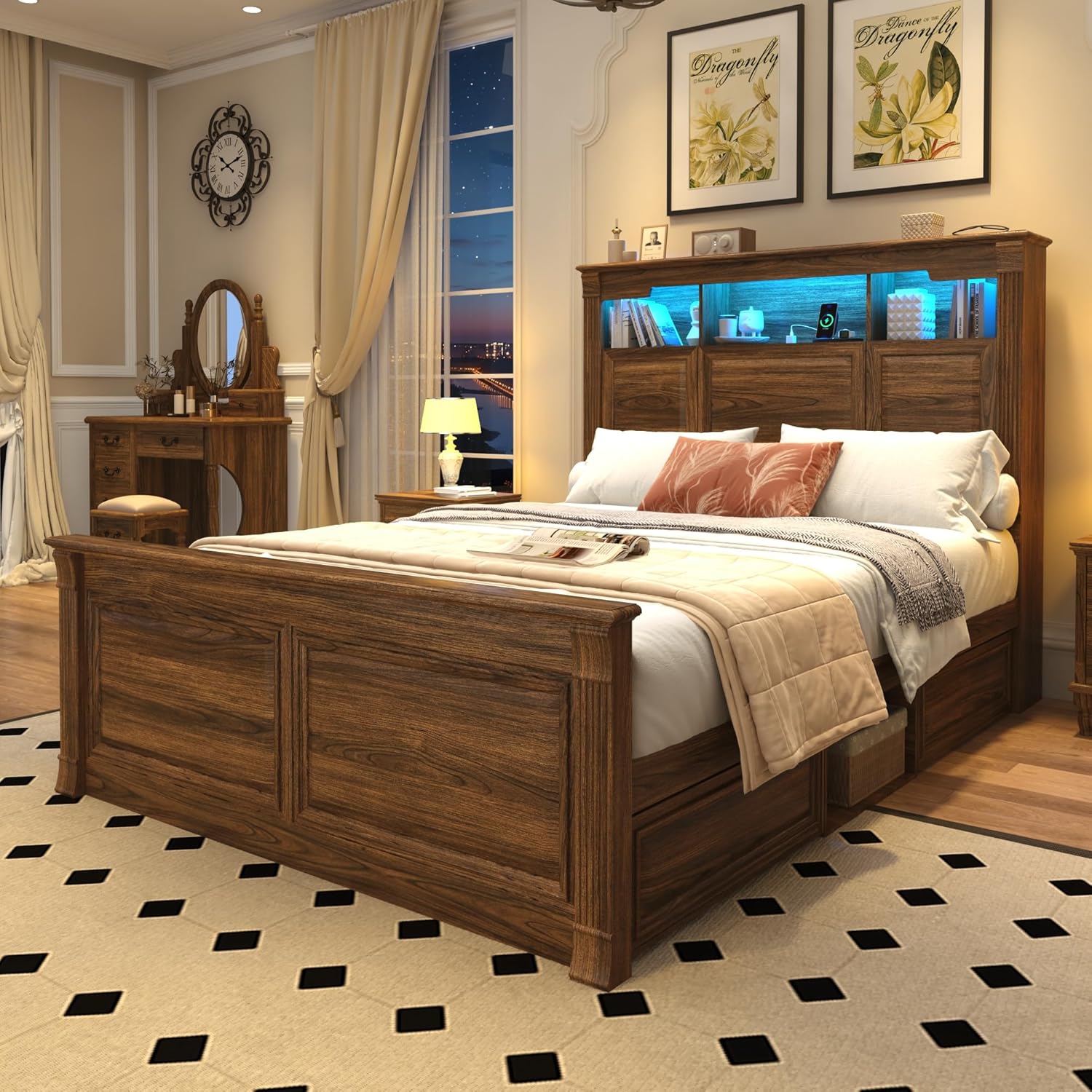 Blotout Farmhouse King Size Bed Frame with 55" Tall Storage Bookcase Headboard & 4 Drawers, Wood Platform Bed Frame with 24" Roman Colum Footboard, LED Light, Charging Station, No Box Spring Needed