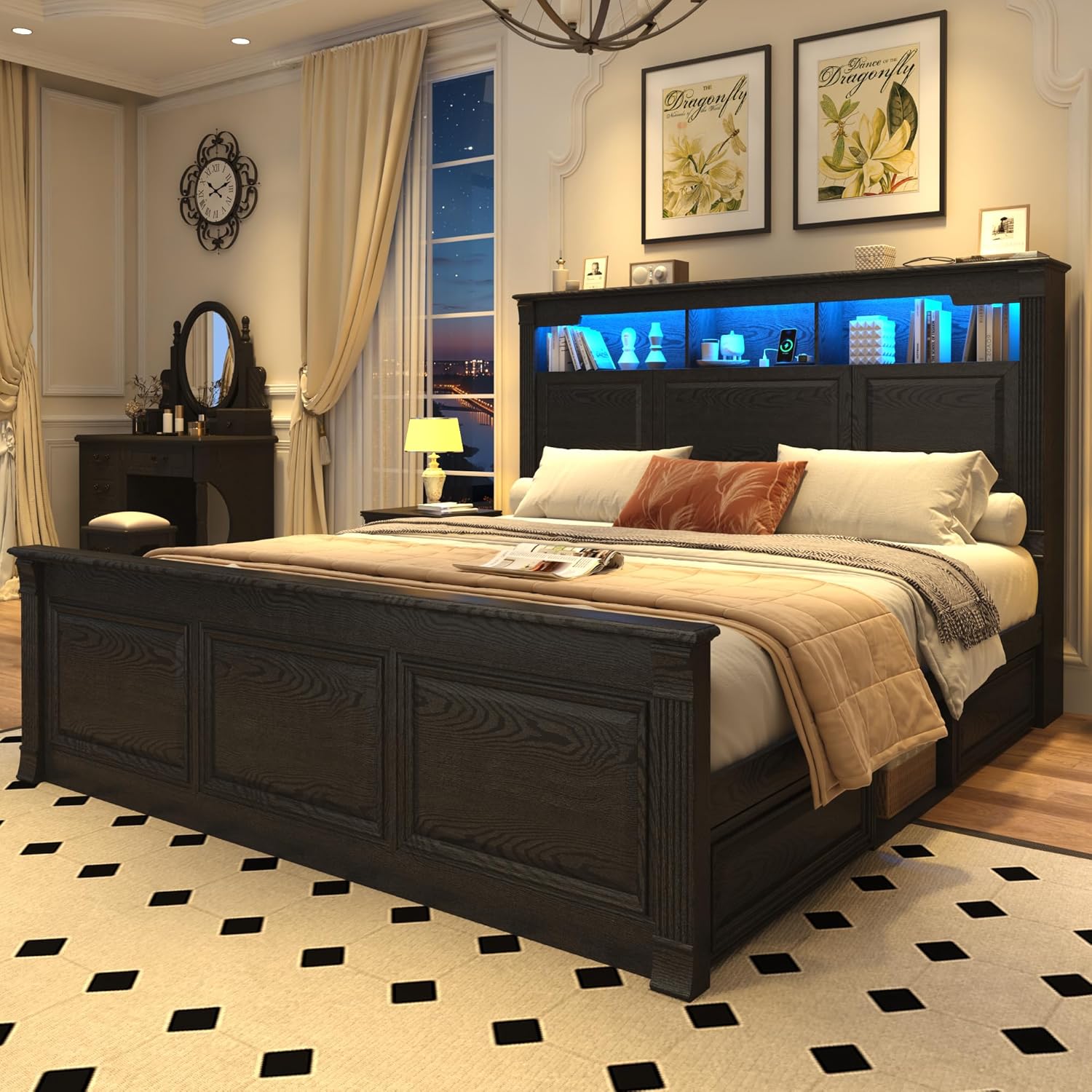 Blotout Farmhouse King Size Bed Frame with 55" Tall Storage Bookcase Headboard & 4 Drawers, Wood Platform Bed Frame with 24" Roman Colum Footboard, LED Light, Charging Station, No Box Spring Needed