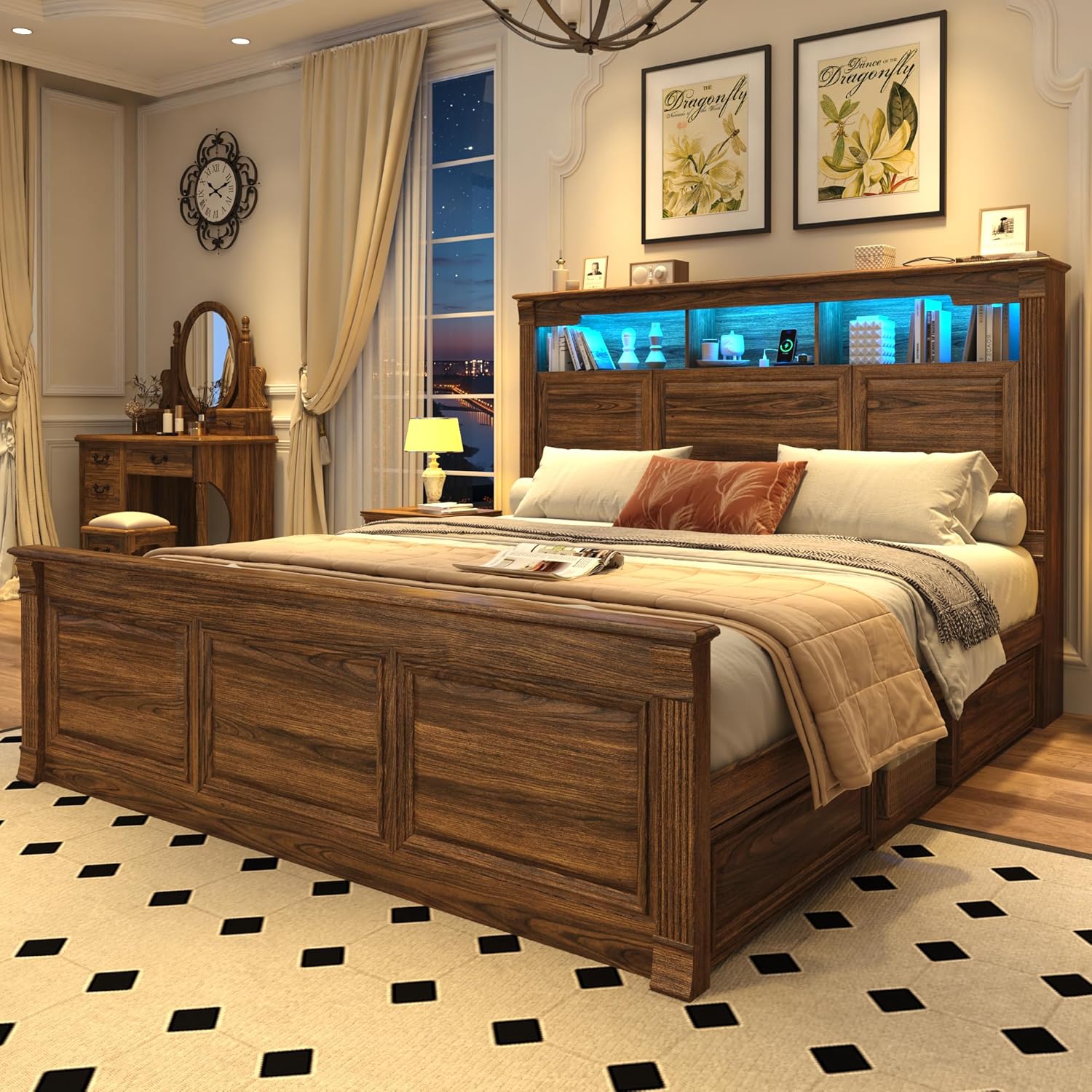 Blotout Farmhouse King Size Bed Frame with 55" Tall Storage Bookcase Headboard & 4 Drawers, Wood Platform Bed Frame with 24" Roman Colum Footboard, LED Light, Charging Station, No Box Spring Needed