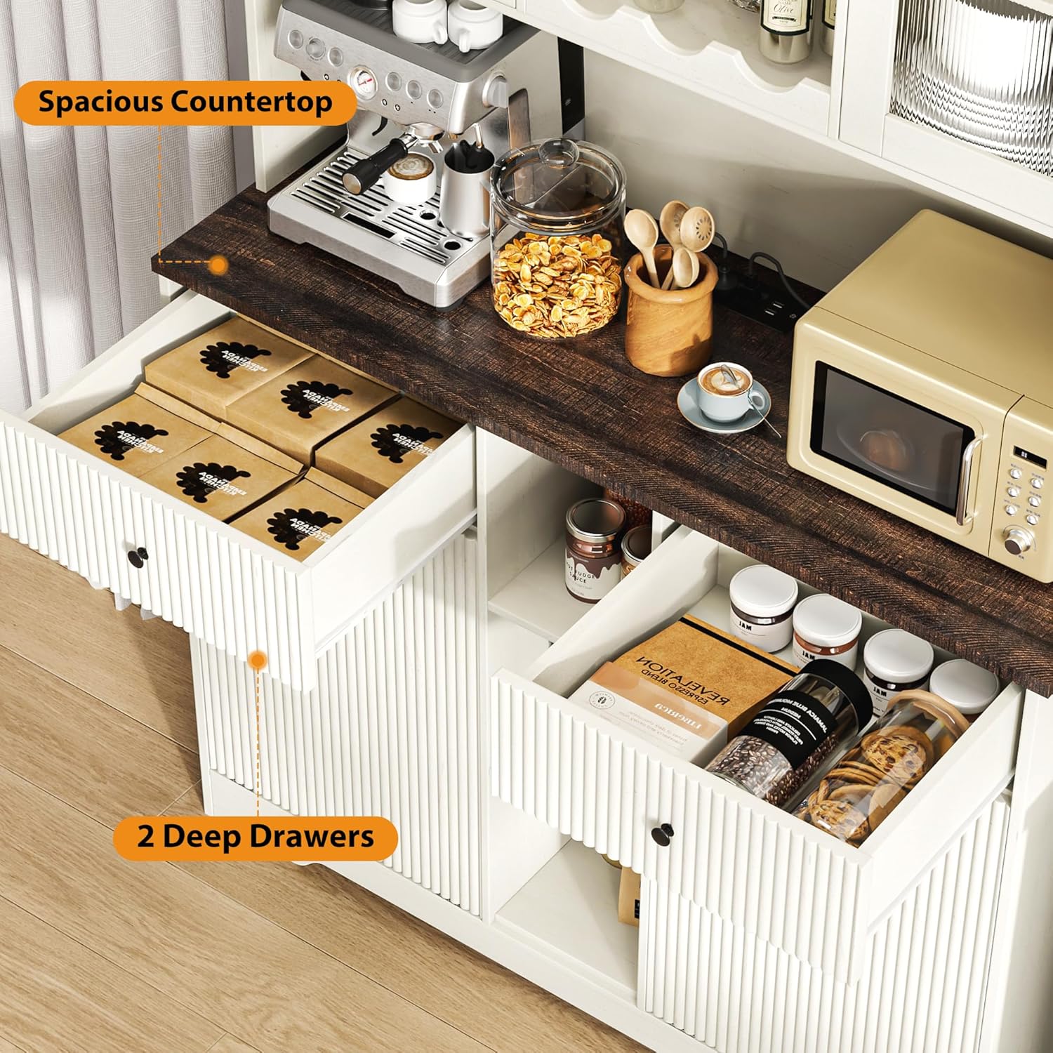 Blotout 47" Wide Kitchen Pantry Storage Cabinet with Charging Station & Microwave Stand, Tall Fluted Kitchen Hutch Cabinet, Double Tilt Out Trash Can Cabinet 10X2 Gallon