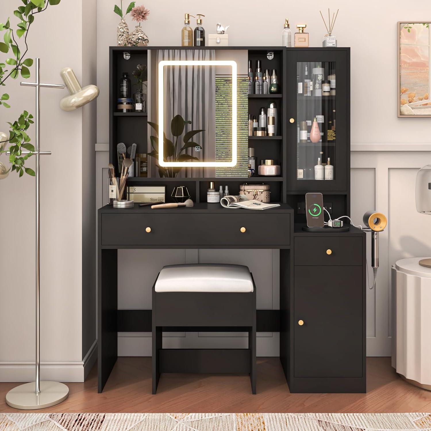 Black Vanity Desk with Sliding Mirror & Lights, Vanity Table Makeup Desk with Charging Station 2 Drawers 2 Doors, Lots of Storage Shelves, Large Vanity Set with Cushioned Stool