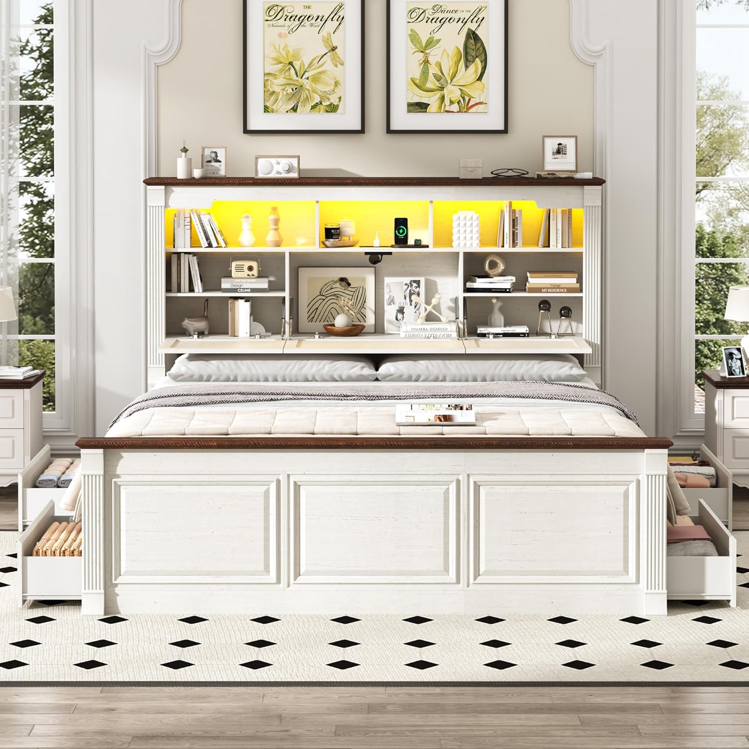 Blotout Farmhouse King Size Bed Frame with 55" Tall Storage Bookcase Headboard & 4 Drawers, Wood Platform Bed Frame with 24" Roman Colum Footboard, LED Light, Charging Station, No Box Spring Needed