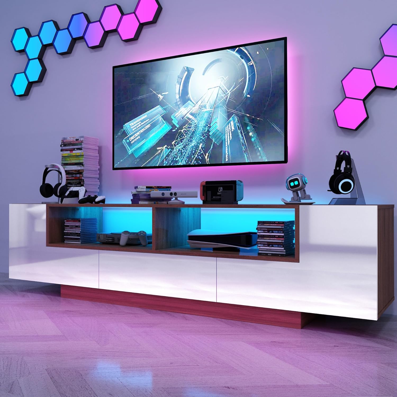 Modern LED TV Stand for 75 Inch TV, 70" Entertainment Center with Storage Cabinets and Open Shelves, High Gloss TV Console Table for Living Room and Bedroom (Black& Marble)