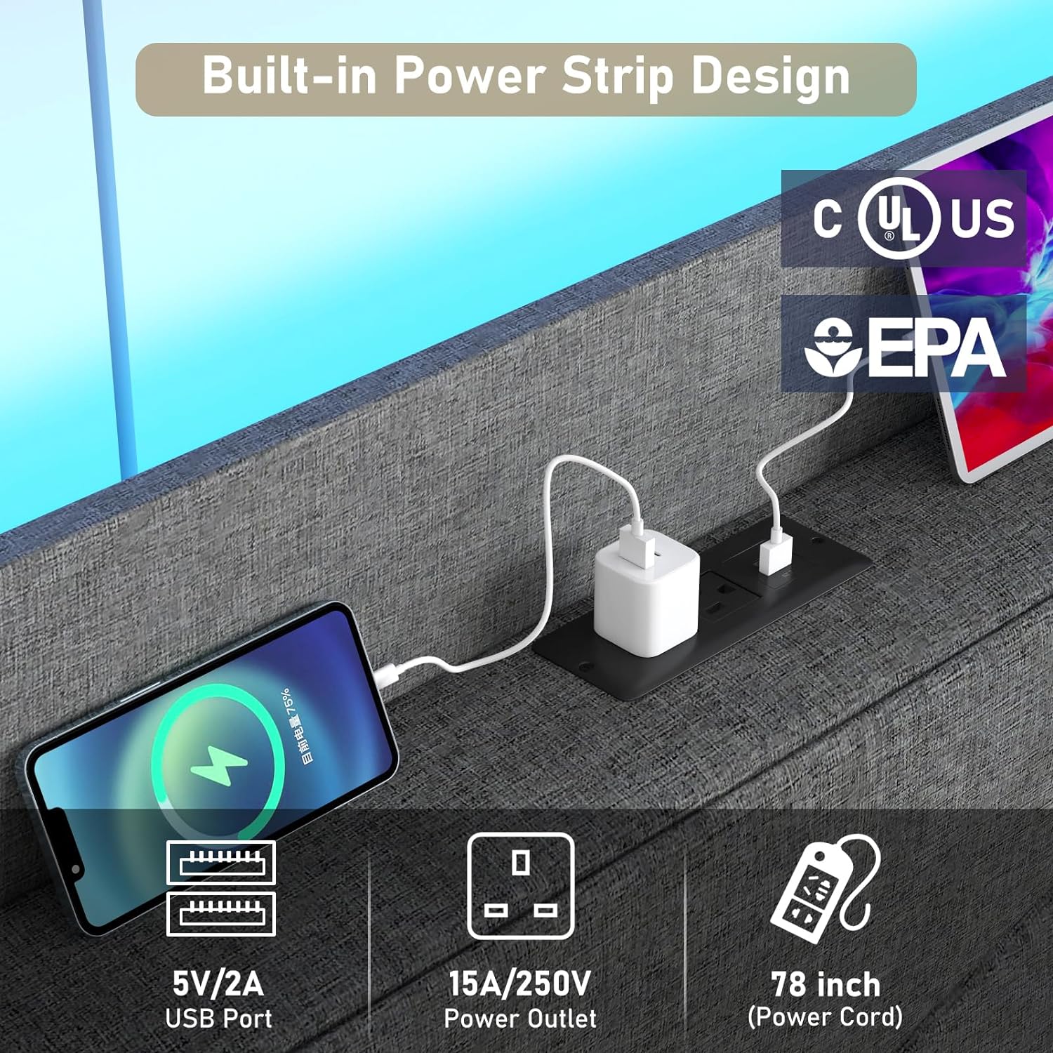 LED Bed Frame with Powet Outlet Type-C & USB Ports & 4 Storage Drawers, Wingback
