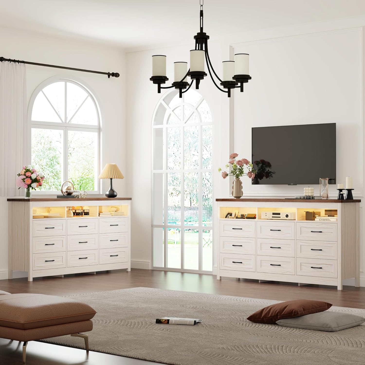 Blotout 63'' LED Farmhouse TV Stand for 70/75in TV, Dresser TV Stand with Power Outlet, 35.4'' Tall Entertainment Center with 3 Storage, Large Media Console Cabinet for Living Room, Bedroom