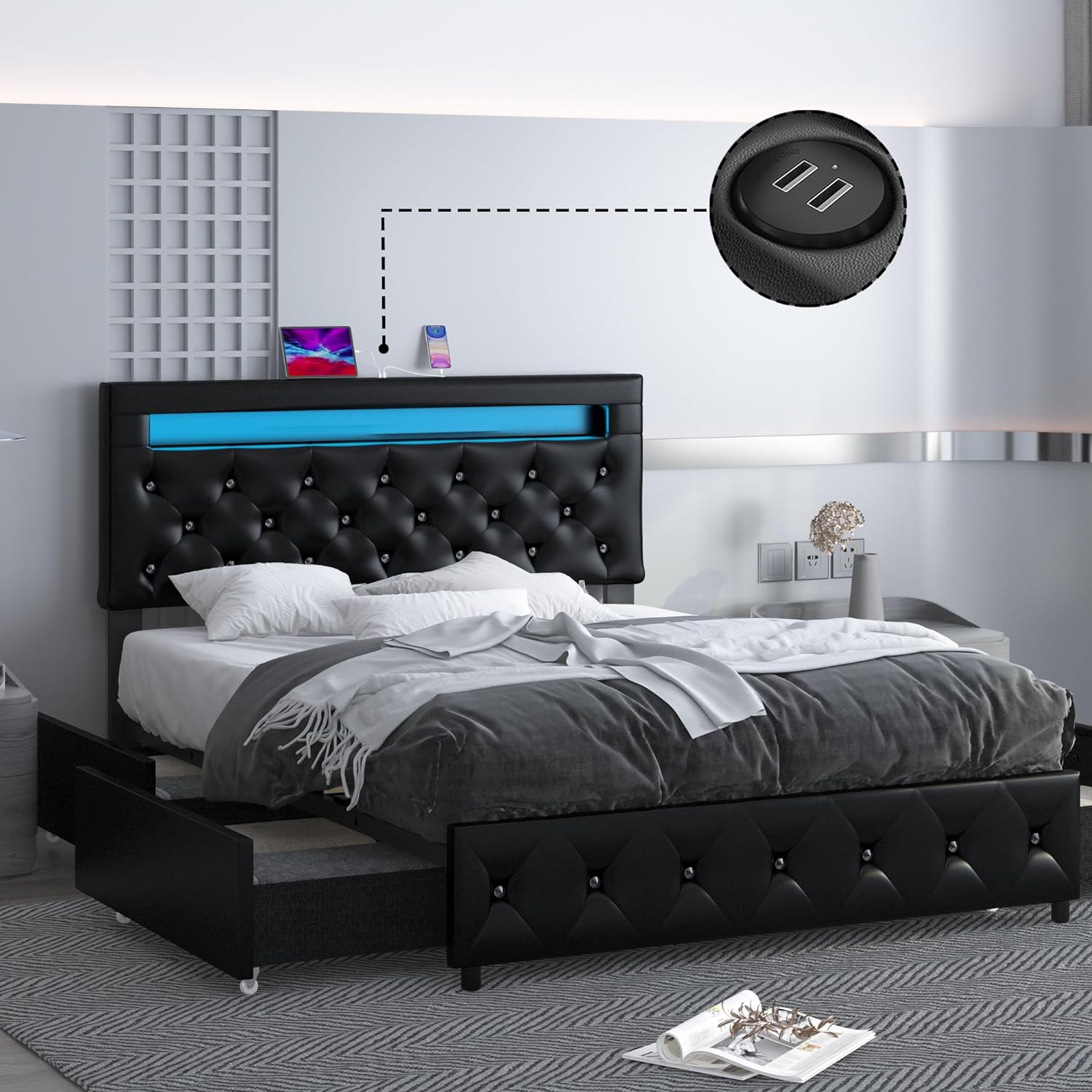 Full Upholstered LED Bed Frame with 4 Storage Drawers & USB Ports, Faux Leather Platform Bed Frame with Adjustable Crystal Button Tufted Headboard, No Box Spring Needed, Easy Assembly, Black