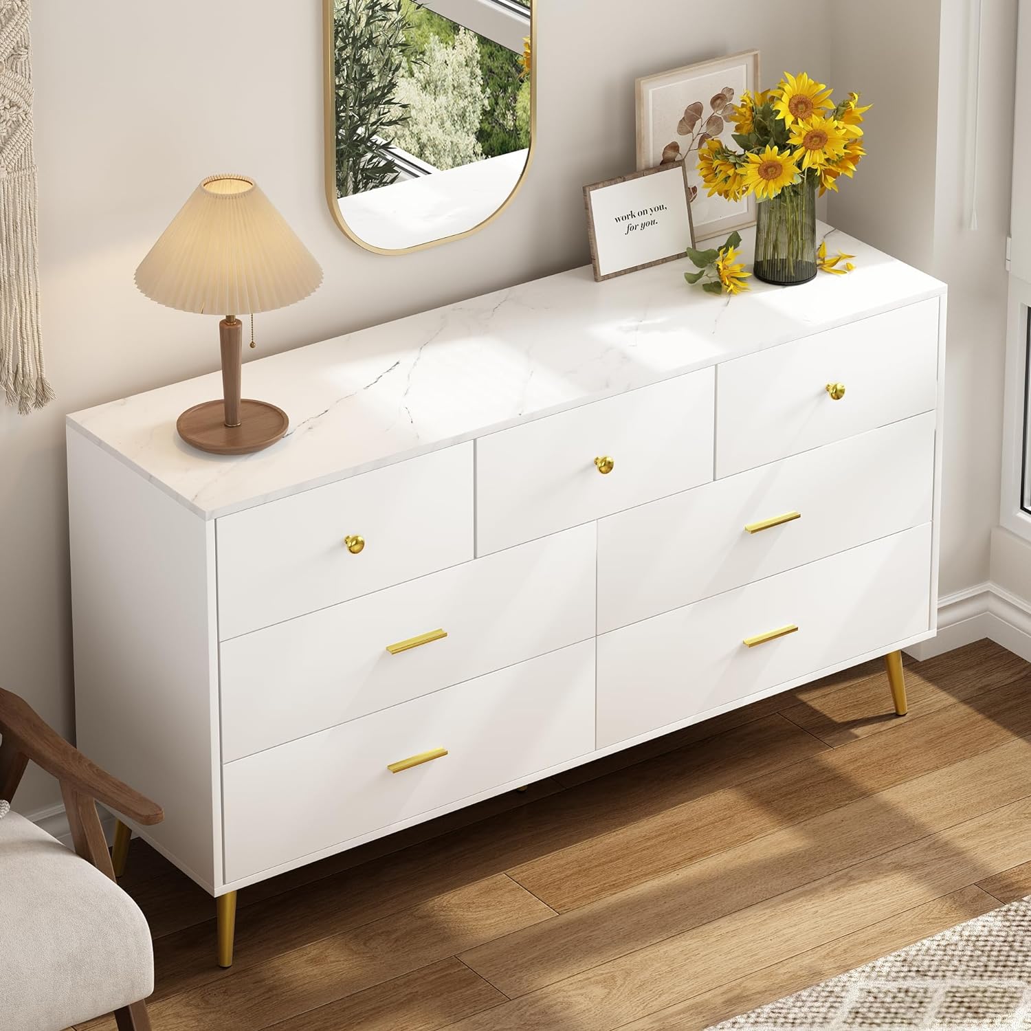 7 Drawer Dresser For Bedroom, 55-inch Marble and Gold Dresser Chest of Drawers Wood Bedroom Organizer