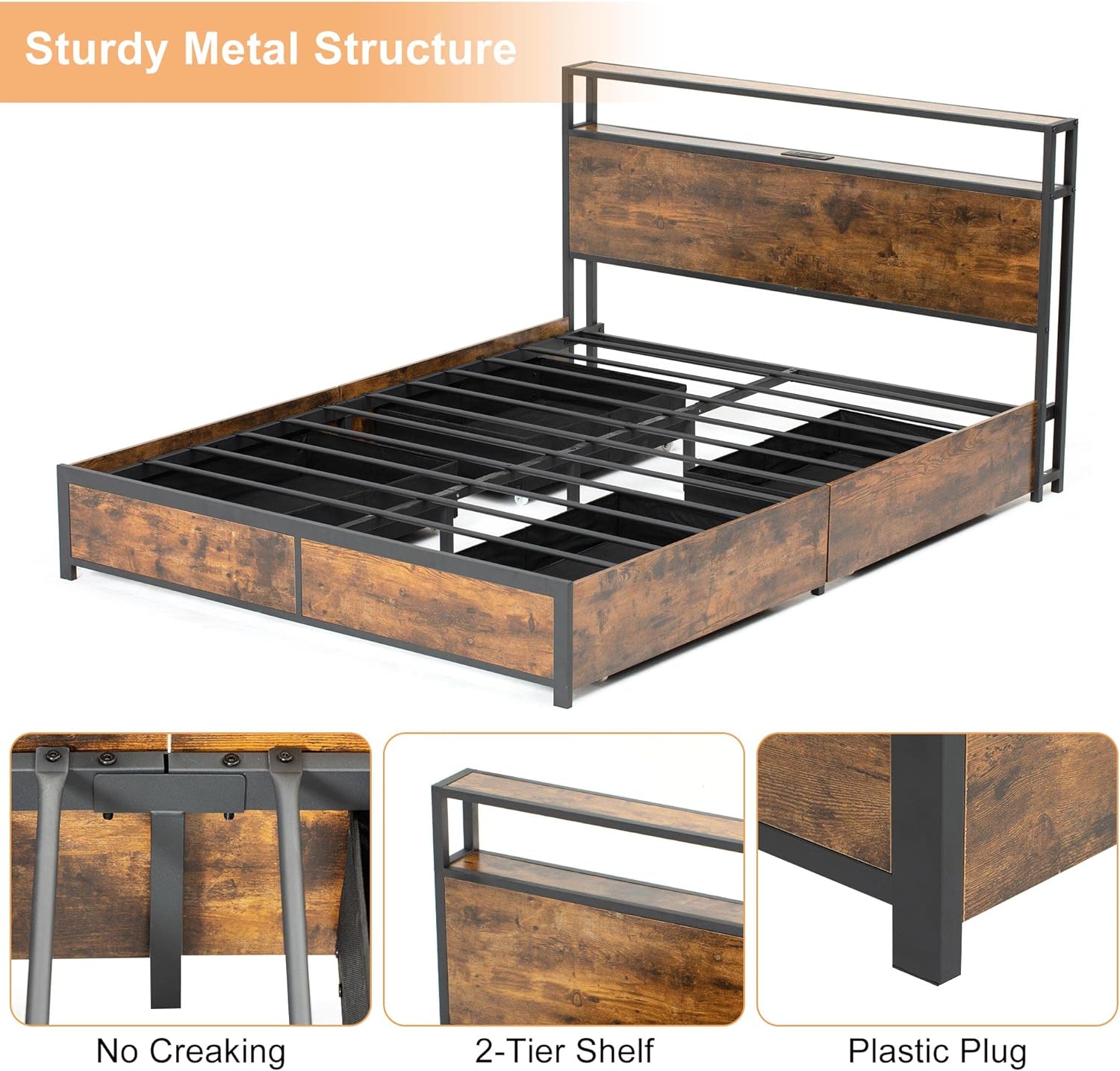 Blotout Full Bed Frame with 3 USB Ports & Led Lights, Platform Metal Bed Frame with 4 Storage Drawers and Headboard, No Box Spring Needed, Easy Assembly, Noise-Free,Vintage Brown